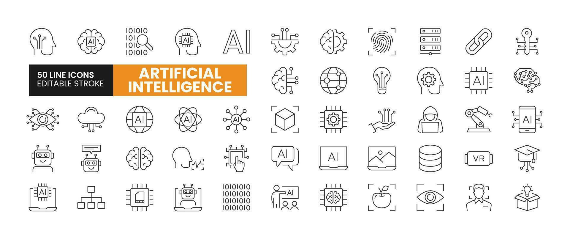 Set of 50 Artificial intelligence line icons set. Artificial intelligence outline icons with editable stroke collection. Includes Robotics, Chip, Voice Recognition, AI, Data, and More. vector