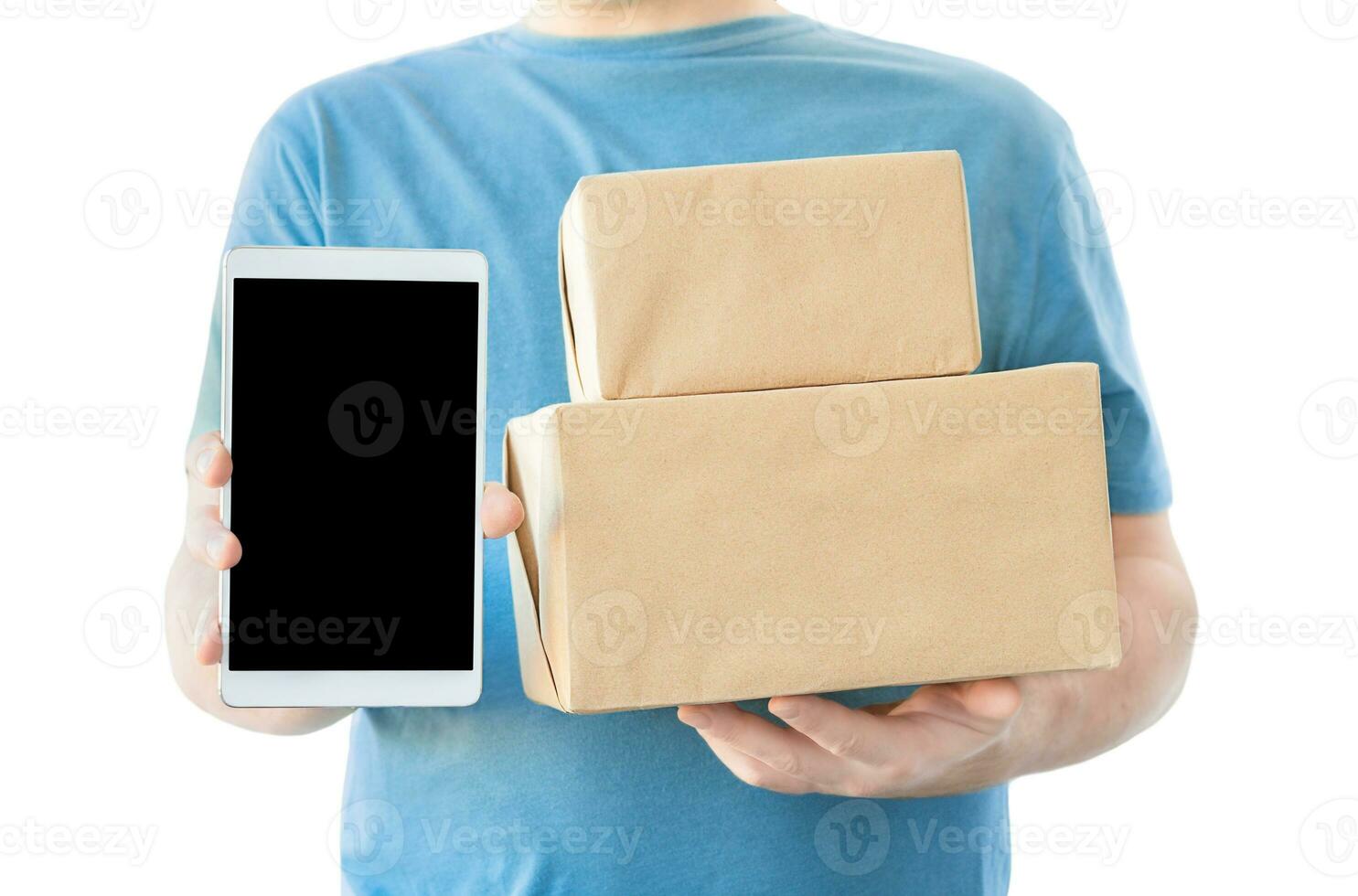 Man with packages and tablet screen photo