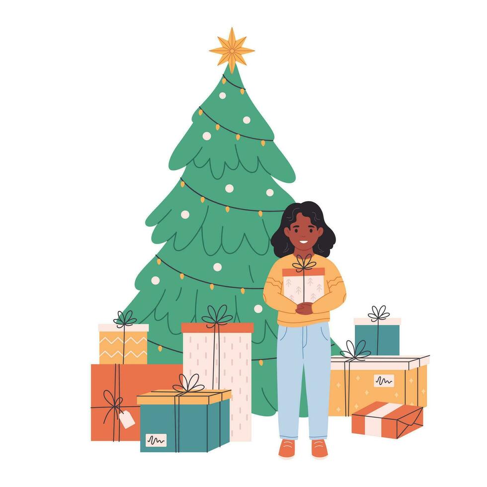 pequeño niña participación regalo caja y en pie cerca Navidad árbol y celebrando Navidad o nuevo año. vector