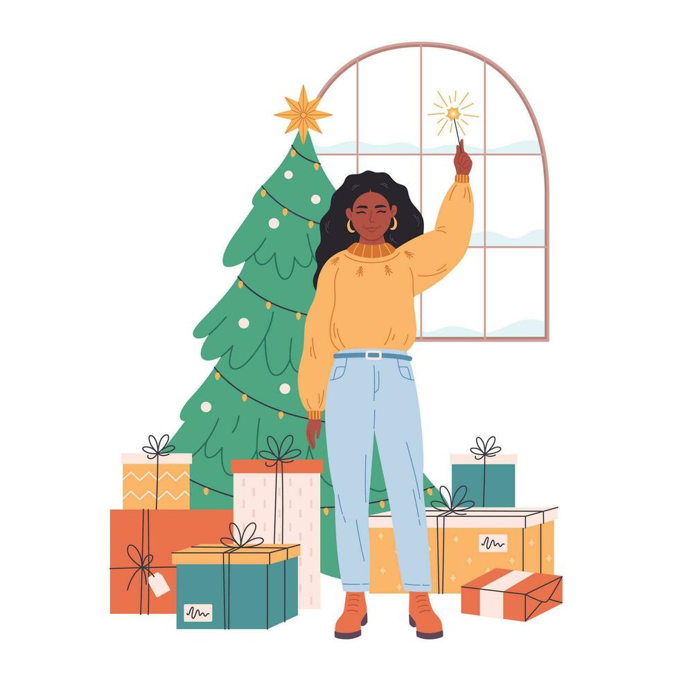 negro mujer celebrando Navidad o nuevo año. Navidad árbol con presenta vector