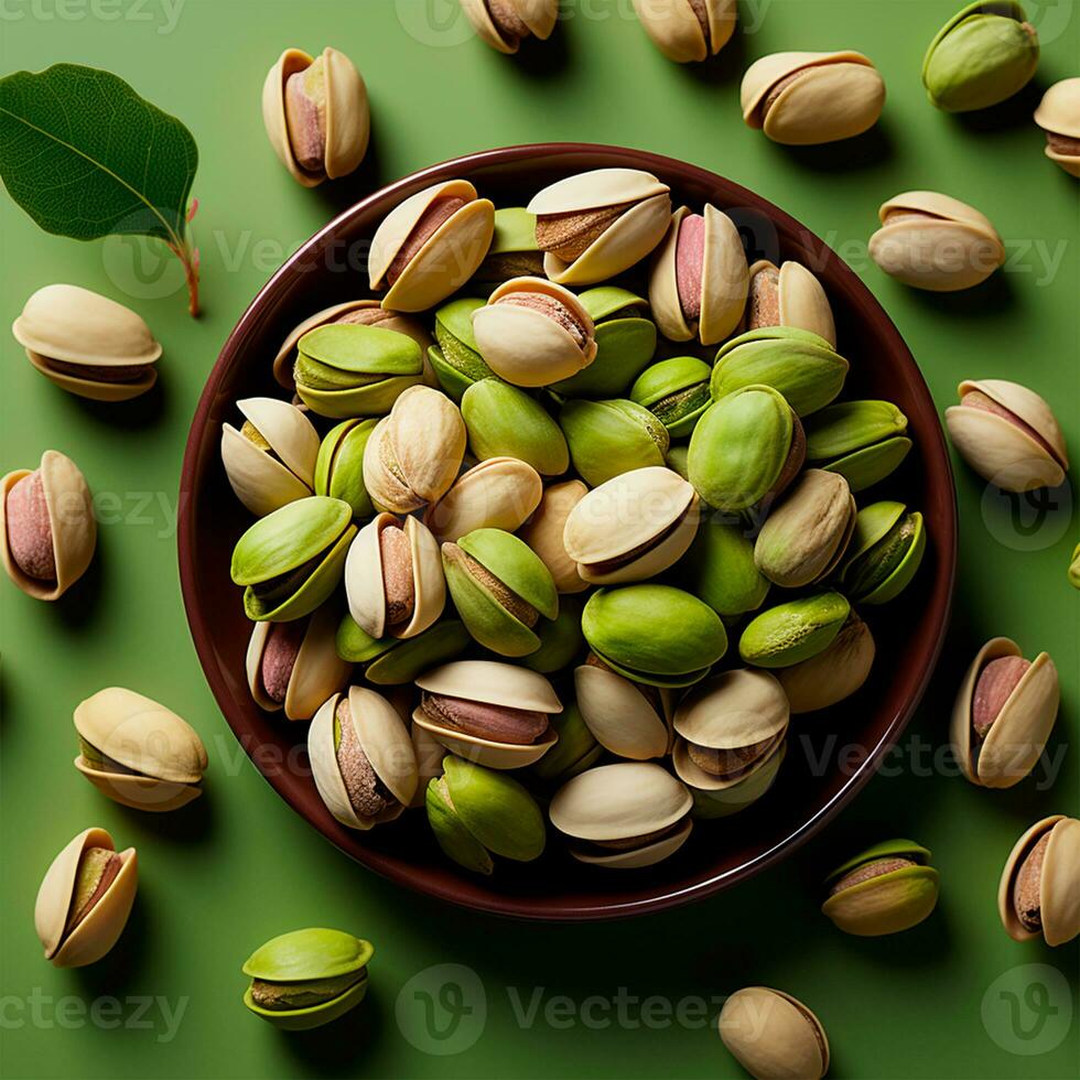 AI generated Scattering pistachio nuts, quick BIO snack - AI generated image photo