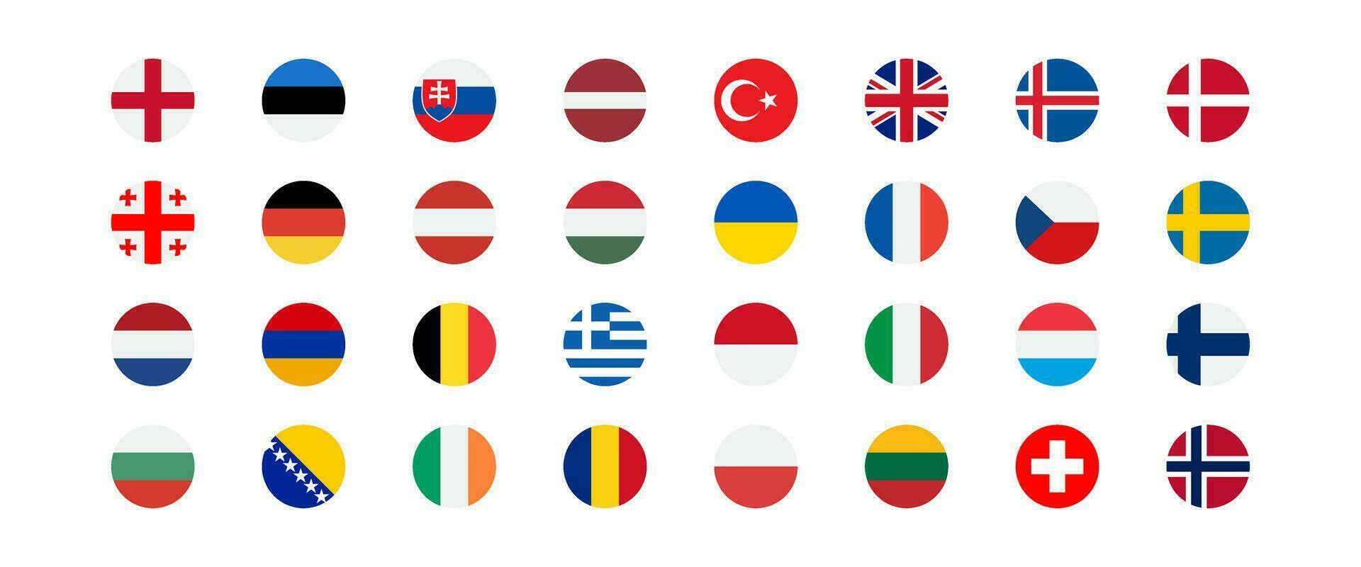 European flags icon. Europe countries set signs. Nation symbol. Banner of France, Germany, Austria, and other symbols. Square form icons. Vector sign.
