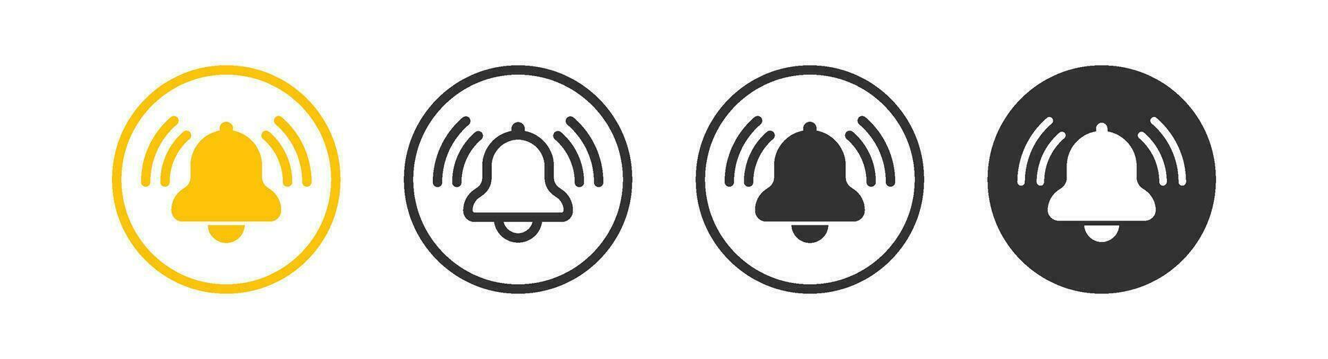 Bell icon. Alert symbol. Notification, message signs. Alarm ring, phone sound symbols. Doorbell icons. Black, yellow color. Vector sign.