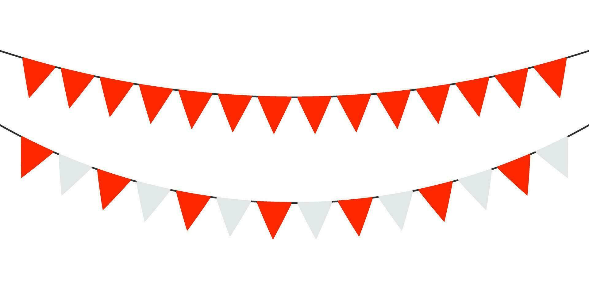 Flag garlands. Festive bunting. Triangle banners. Birthday decoration. Background decor for celebration. Red, white color. Vector sign.