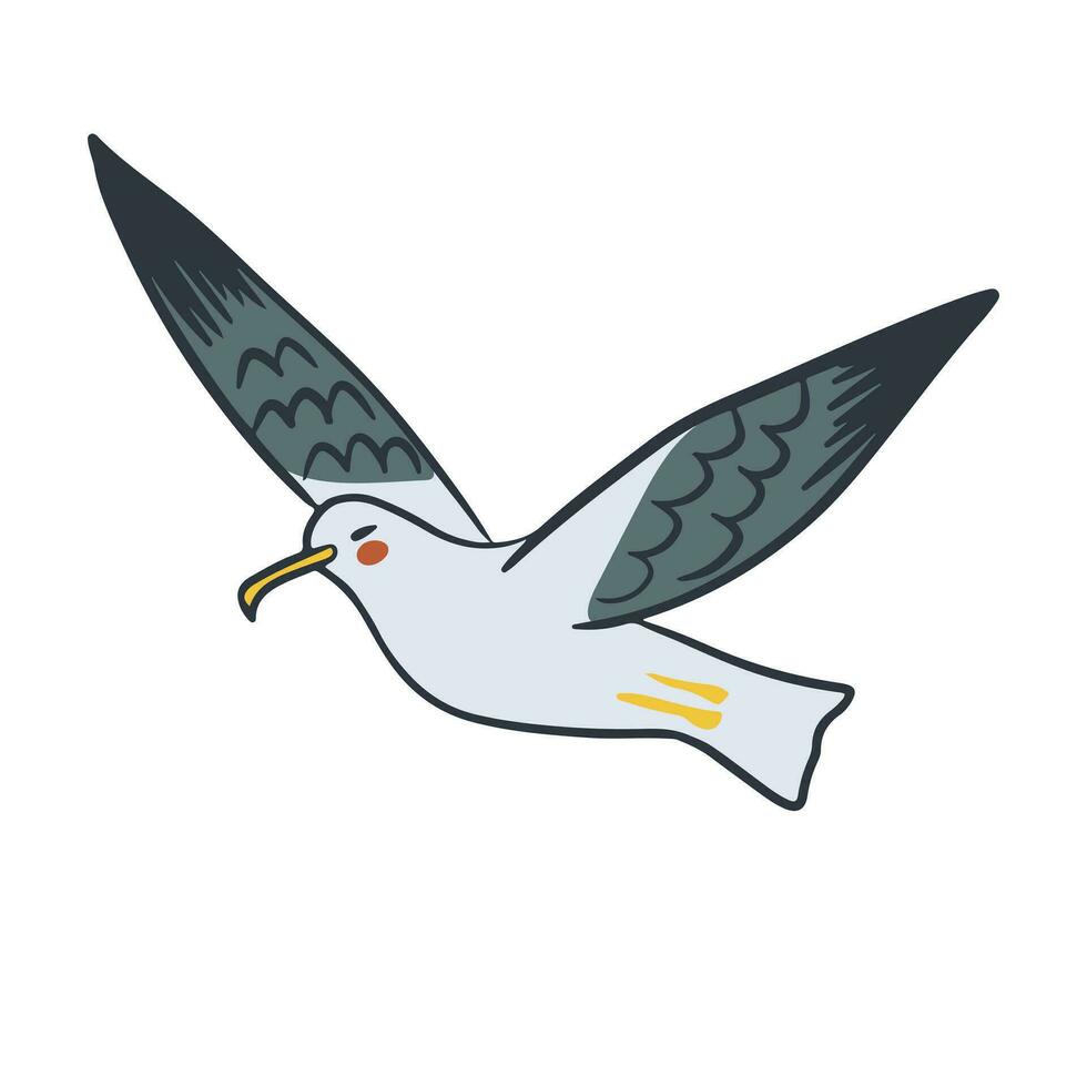 Fun flying hand drawn seagull in cartoon style. Sea bird in kawaii style. Summer holiday concept character. Ideal for sea style decoration, sticker vector