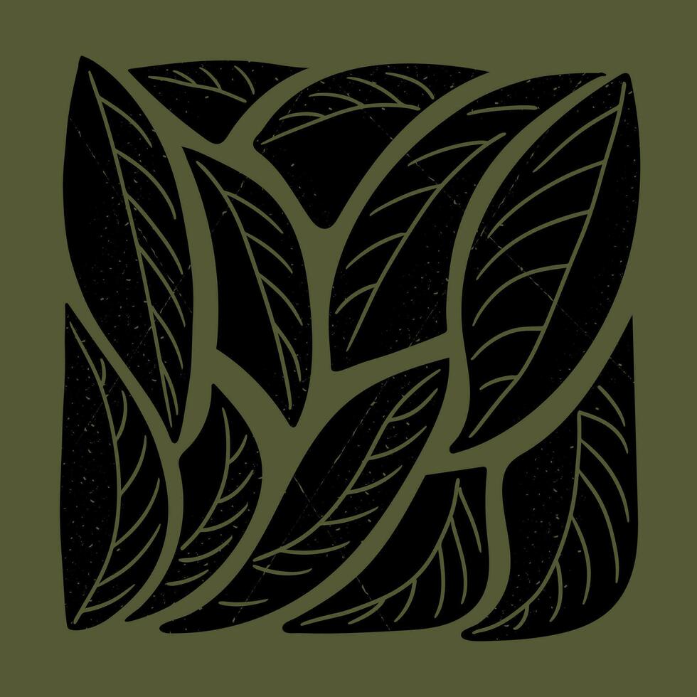 Botanical abstract retro grunge illustration. Flat black composition with leaves in square shape with grunge texture and scratches. Good for decoration, posters, t shirt print, social media graphic vector