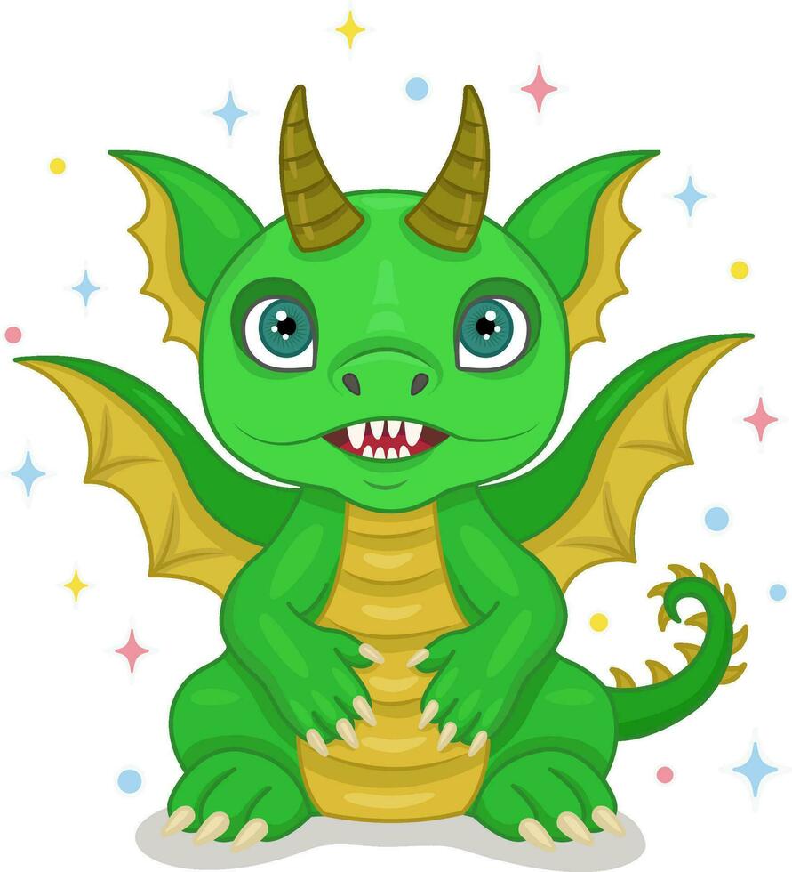 Vector illustration of a dragon.Cute fairy-tale dragon. A small green dragon or dinosaur, a cute character on a starry background. A fabulous monster. The symbol of 2024.