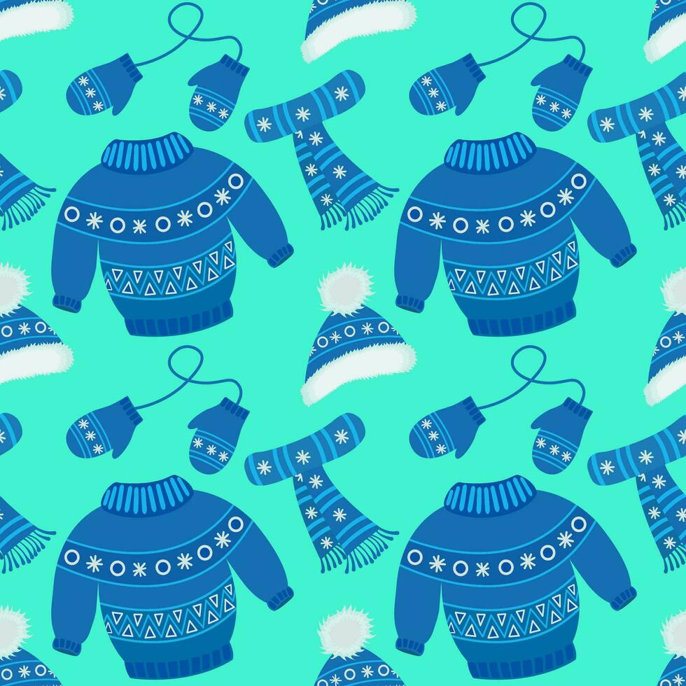 Vector pattern with winter clothes. Children's warm winter clothes for walking. Knitted hat, sweater, scarf, gloves with jacquard pattern and pompoms. Vector set of blue color.