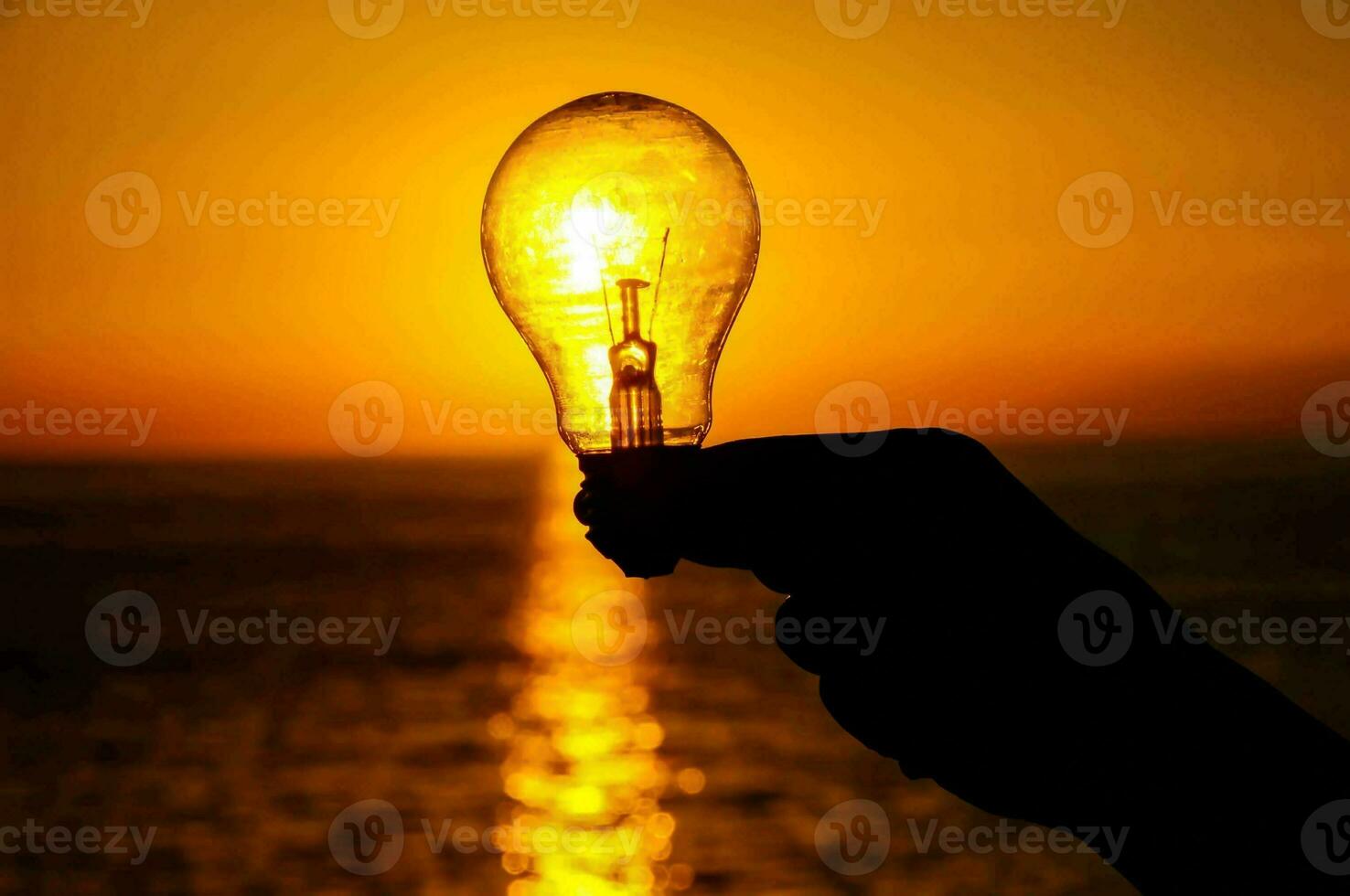 a person holding up a light bulb over a sunset photo