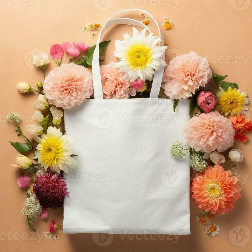 AI generated Aerial view of a blank mockup tote bag surrounded by Flowers photo