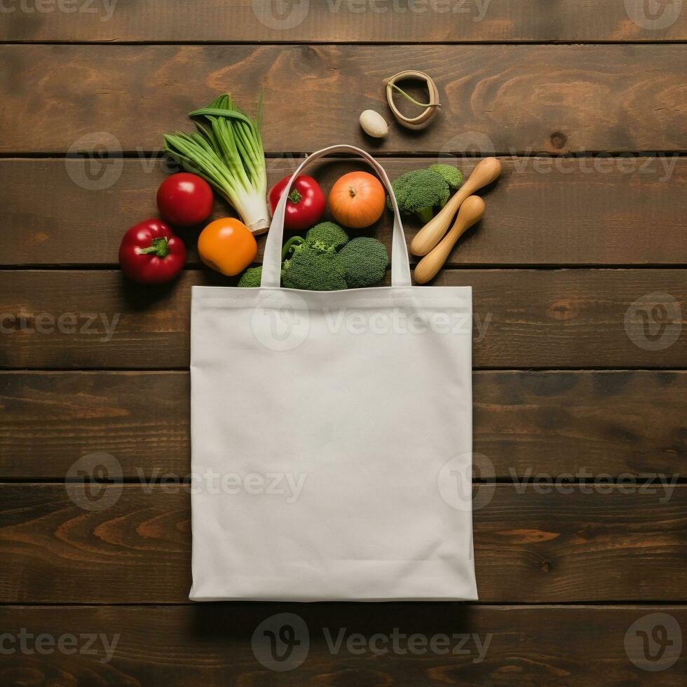 AI generated Top view of a blank mockup tote bag on a rustic wooden background photo