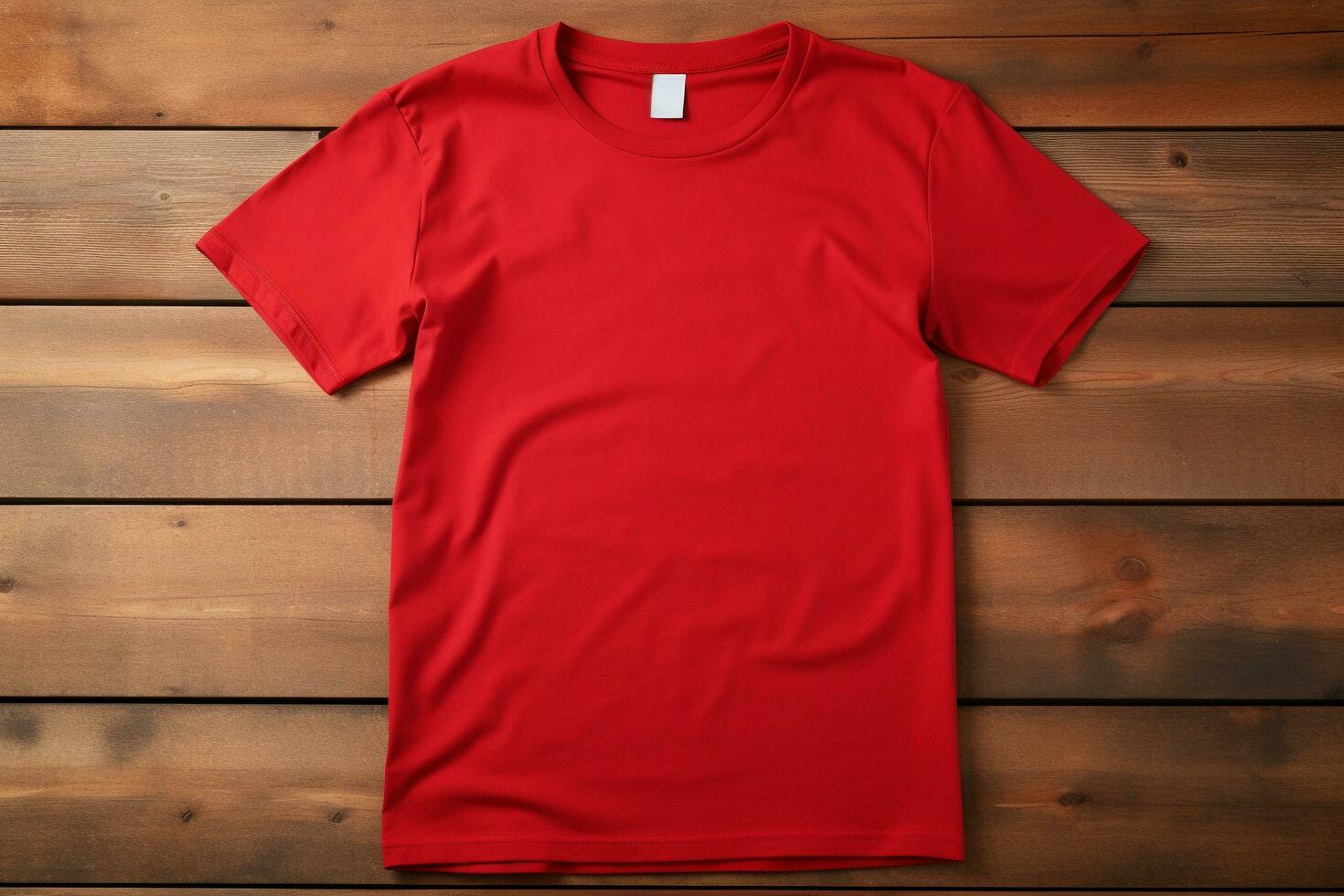 AI generated A Blank red t-shirt on a wooden table photo