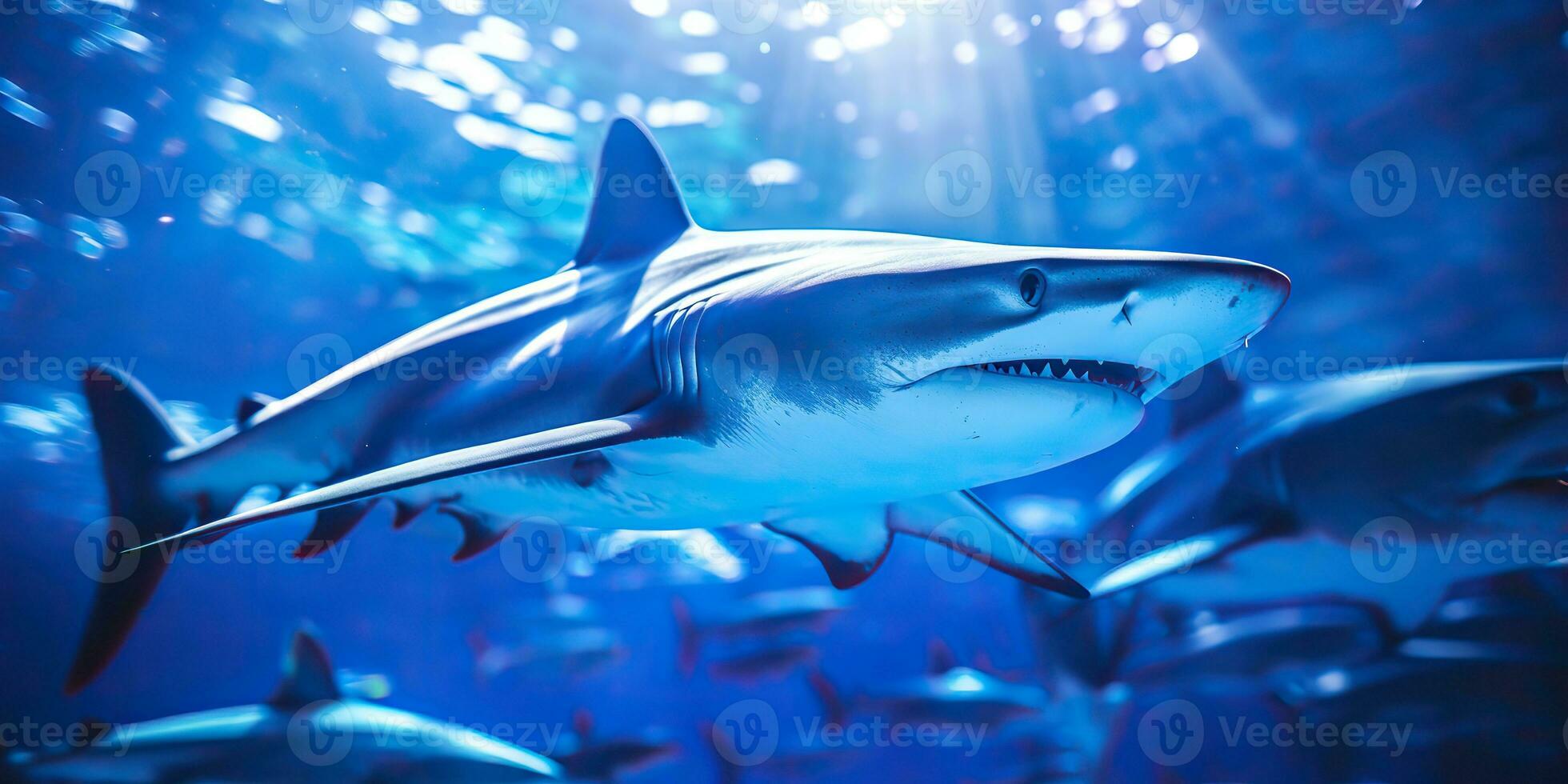 AI generated Wild life under water nature outdoor sea ocean big fish blue shark background. Deep dive scuba diving hunter animal photo