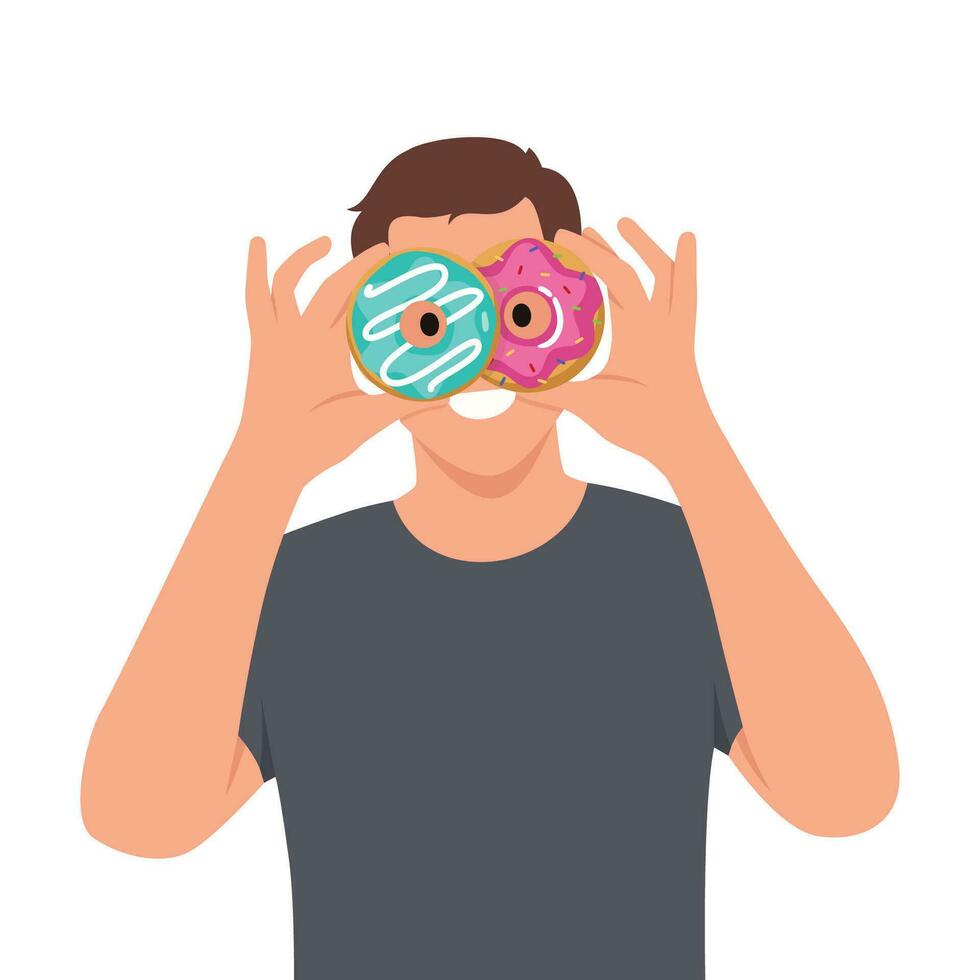 Man posing holding in hands covering eyes with pink donuts like glasses looking camera vector