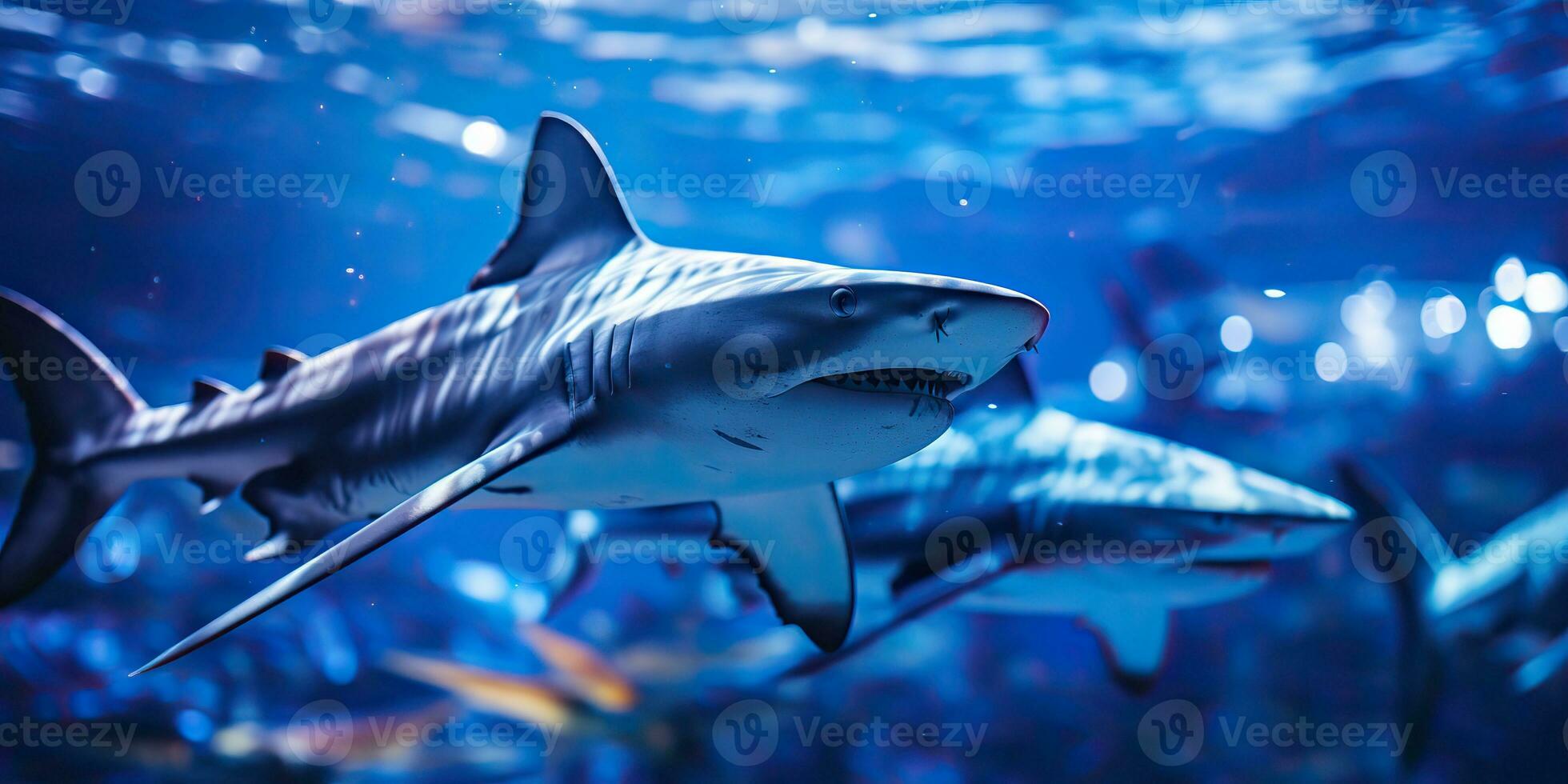 ai generado salvaje vida debajo agua naturaleza al aire libre mar Oceano grande pescado azul tiburón antecedentes. profundo bucear escafandra autónoma buceo cazador animal foto