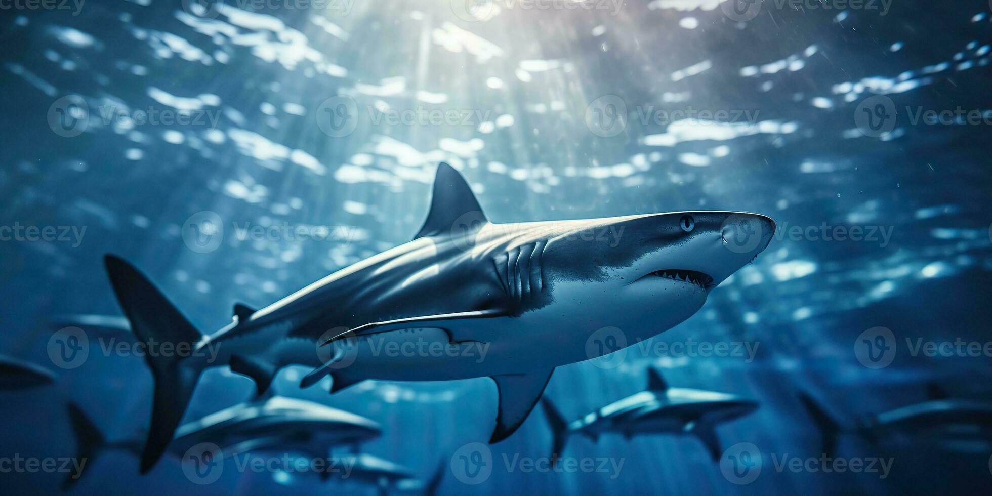 AI generated Wild life under water nature outdoor sea ocean big fish blue shark background. Deep dive scuba diving hunter animal photo