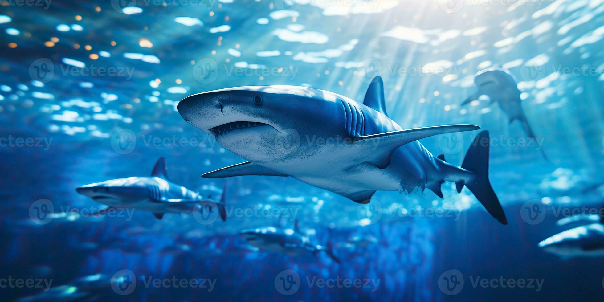 AI generated Wild life under water nature outdoor sea ocean big fish blue shark background. Deep dive scuba diving hunter animal photo