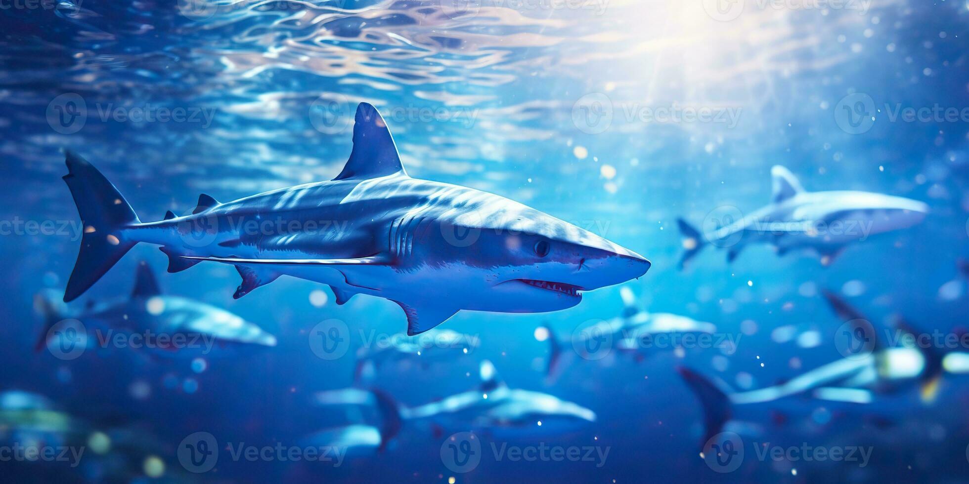 AI generated Wild life under water nature outdoor sea ocean big fish blue shark background. Deep dive scuba diving hunter animal photo