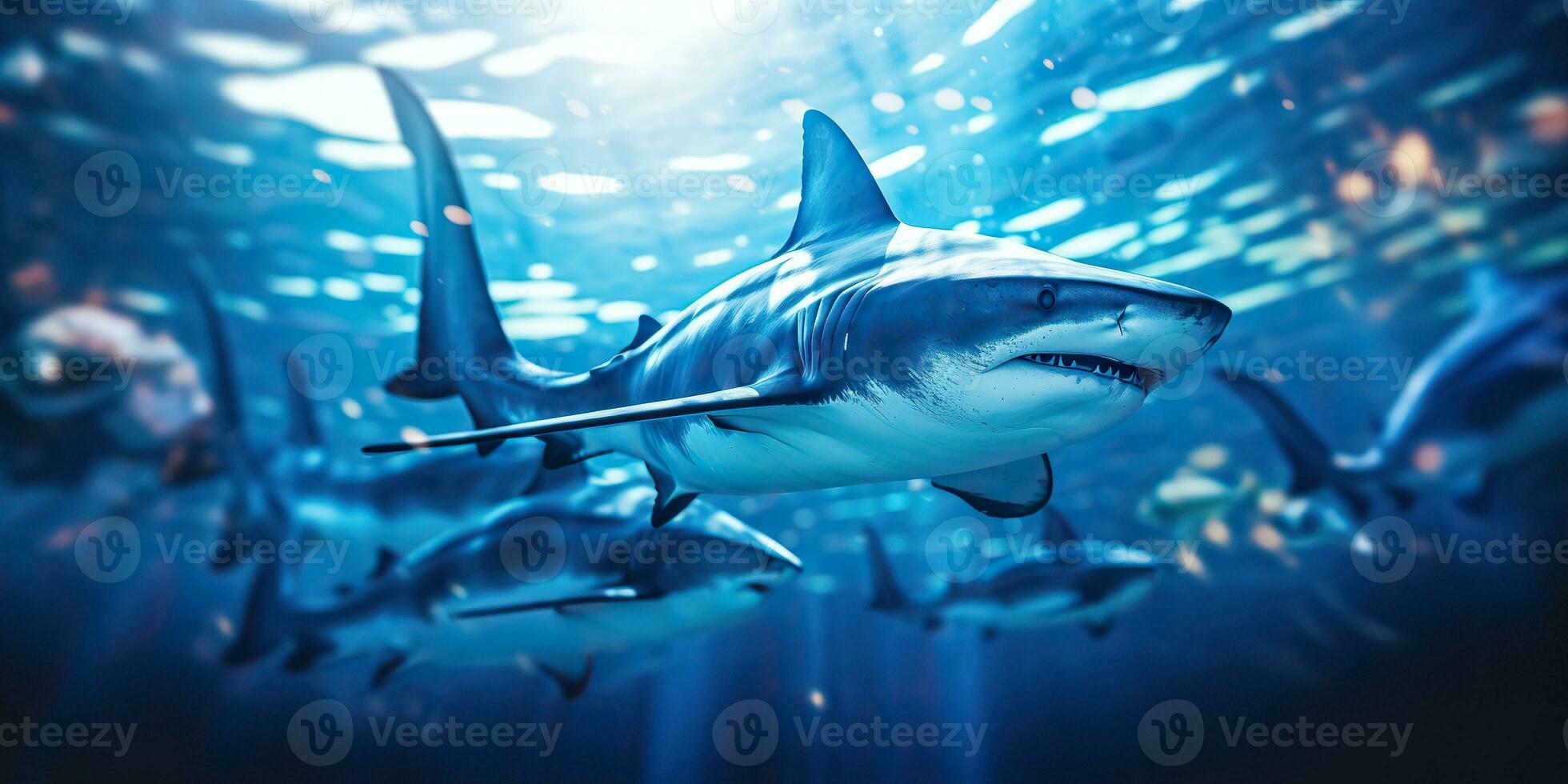 AI generated Wild life under water nature outdoor sea ocean big fish blue shark background. Deep dive scuba diving hunter animal photo