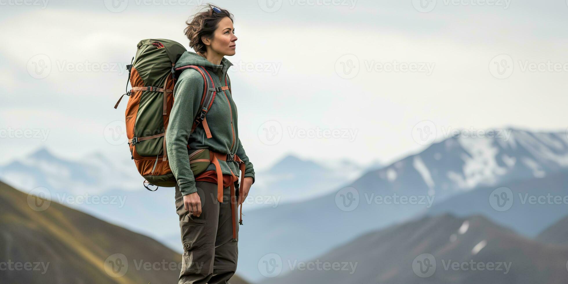 AI generated Female girl woman hiker tracking nature outdoor adventure explore mountain landscape trip exploration motivation. Graphic Art photo