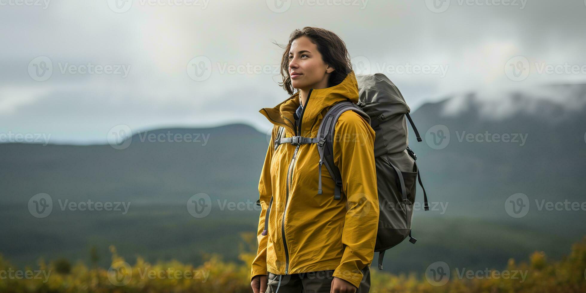 ai generado hembra niña mujer caminante rastreo naturaleza al aire libre aventuras explorar montaña paisaje viaje exploración motivación. gráfico Arte foto