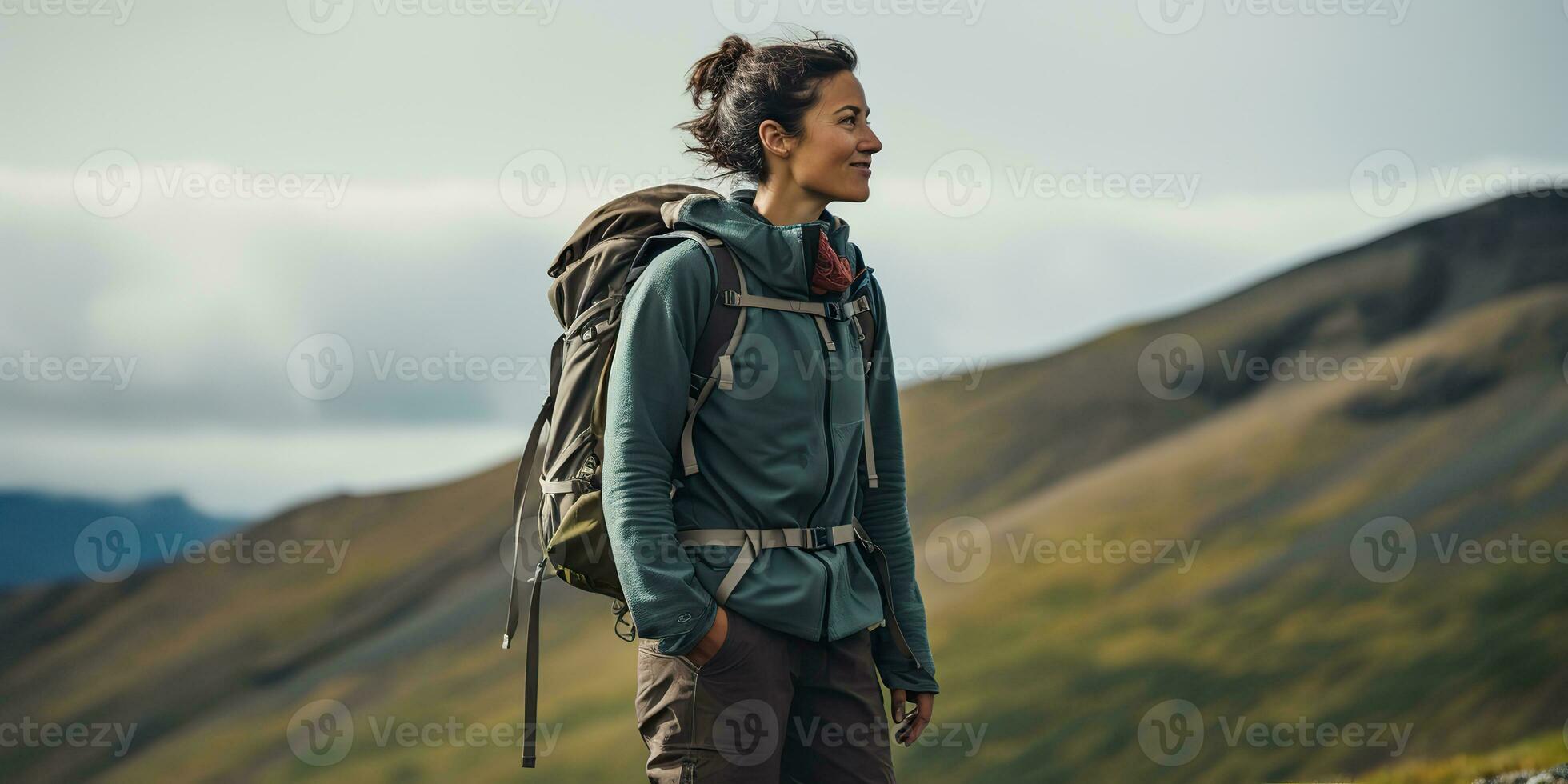 AI generated Female girl woman hiker tracking nature outdoor adventure explore mountain landscape trip exploration motivation. Graphic Art photo