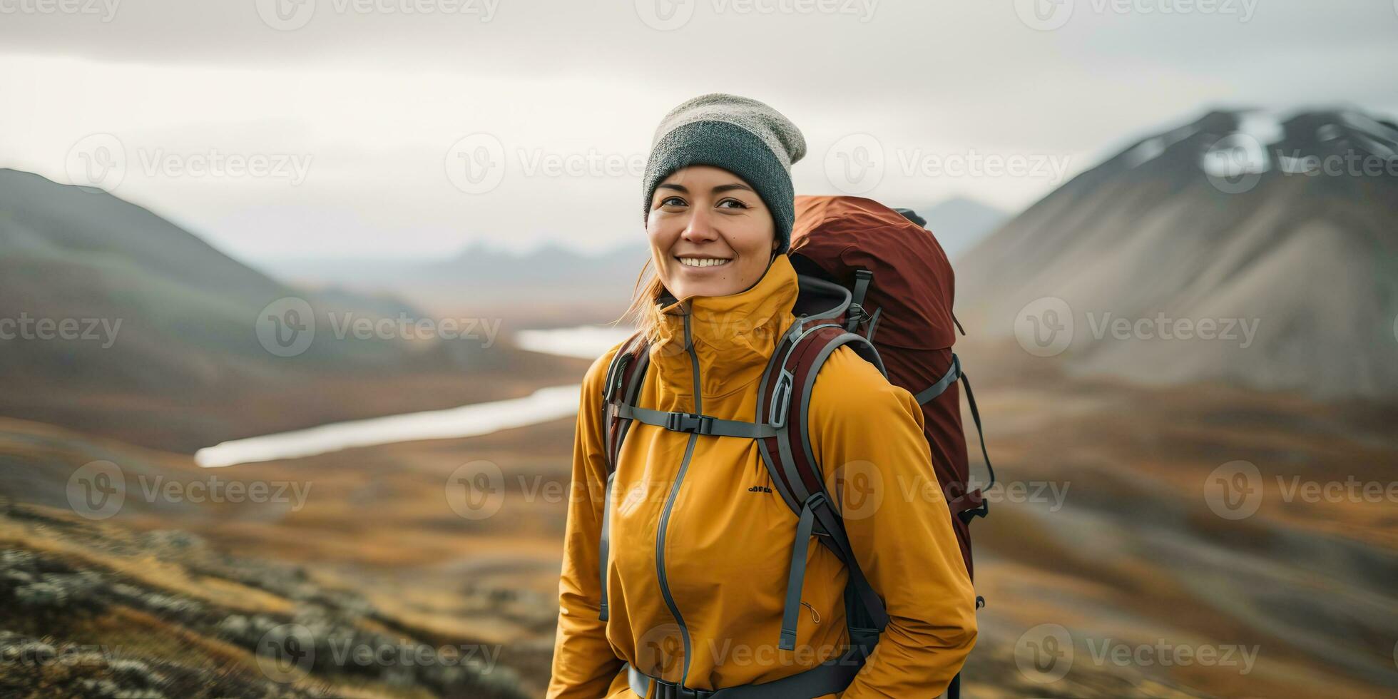 ai generado hembra niña mujer caminante rastreo naturaleza al aire libre aventuras explorar montaña paisaje viaje exploración motivación. gráfico Arte foto