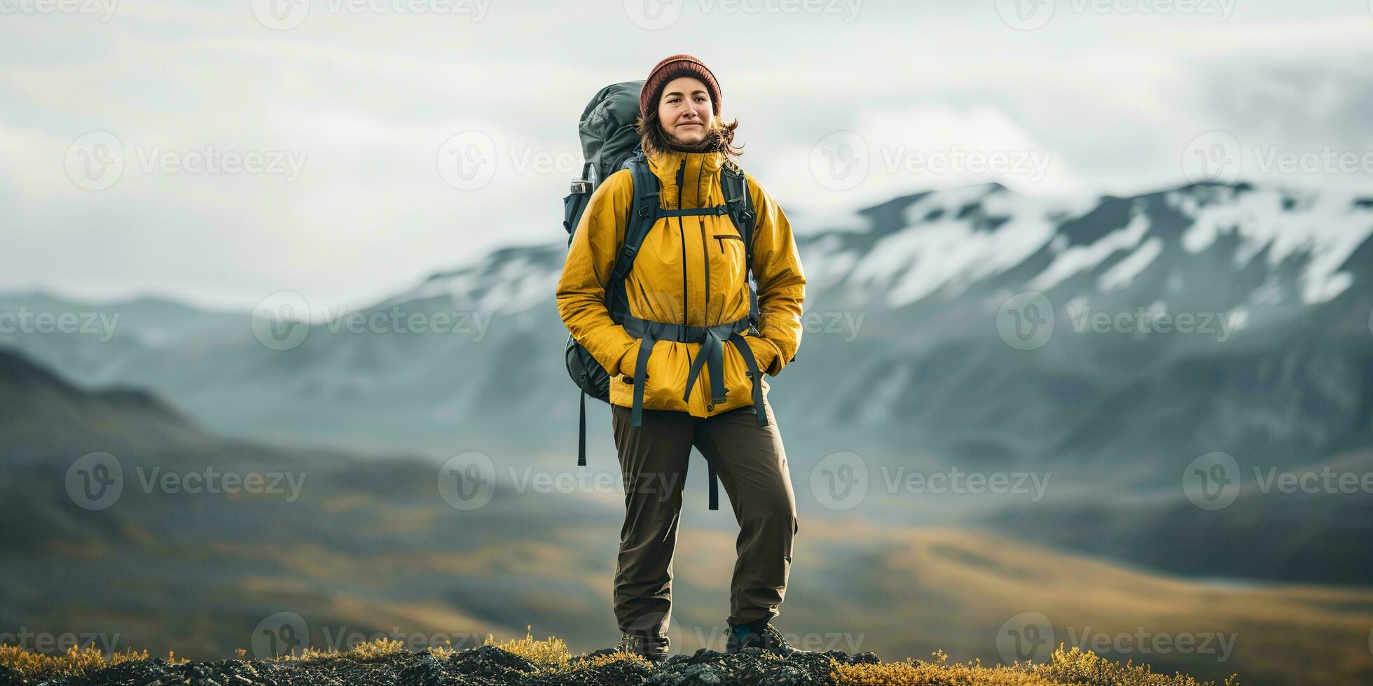 ai generado hembra niña mujer caminante rastreo naturaleza al aire libre aventuras explorar montaña paisaje viaje exploración motivación. gráfico Arte foto