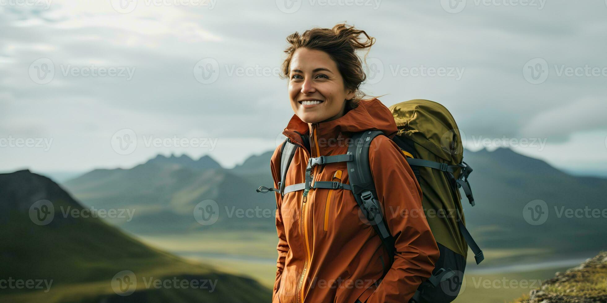 AI generated Female girl woman hiker tracking nature outdoor adventure explore mountain landscape trip exploration motivation. Graphic Art photo