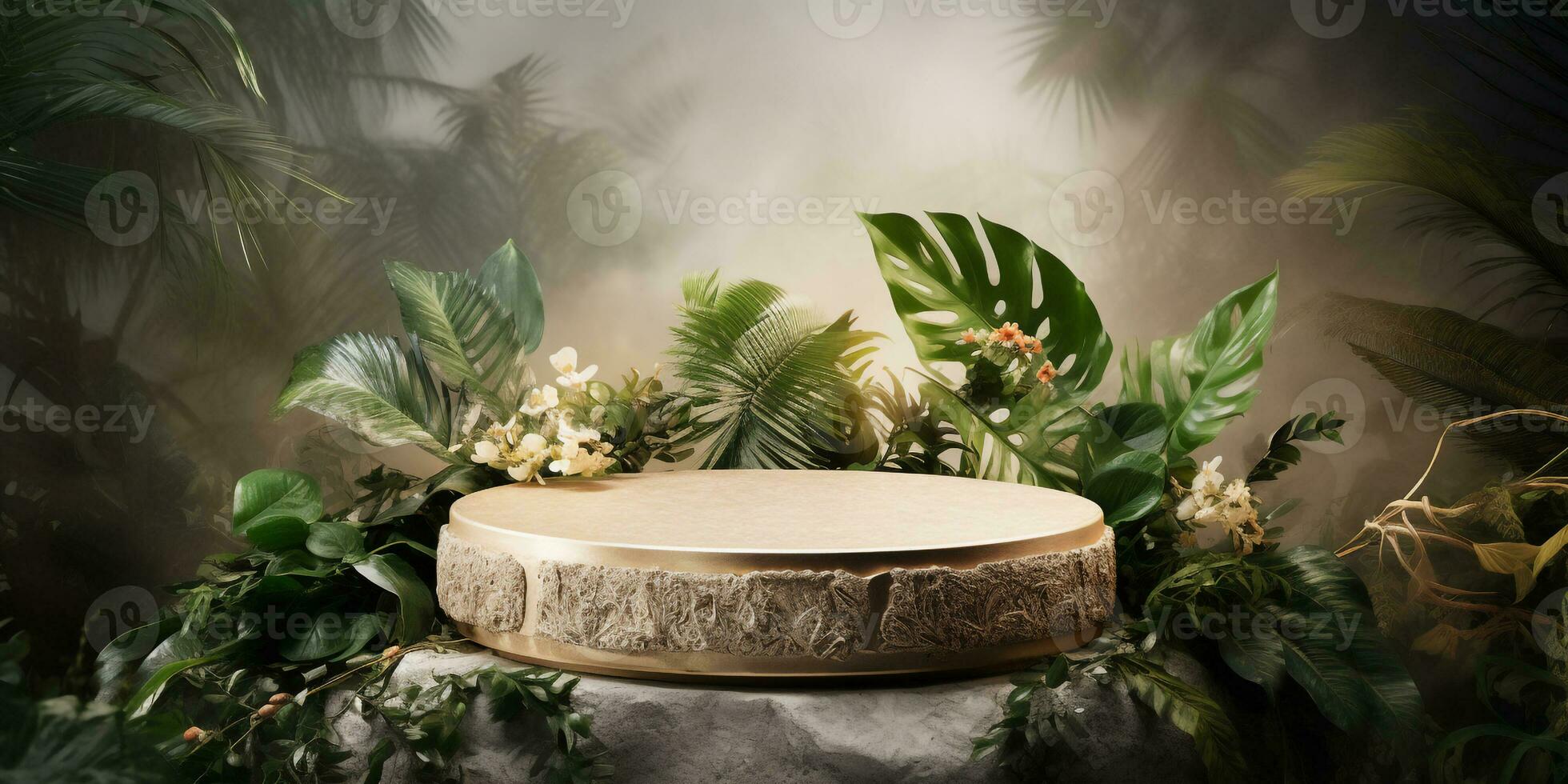 AI generated beige round podium decorated with green garden plants,display for cosmetic .Empty showcase for product presentation photo