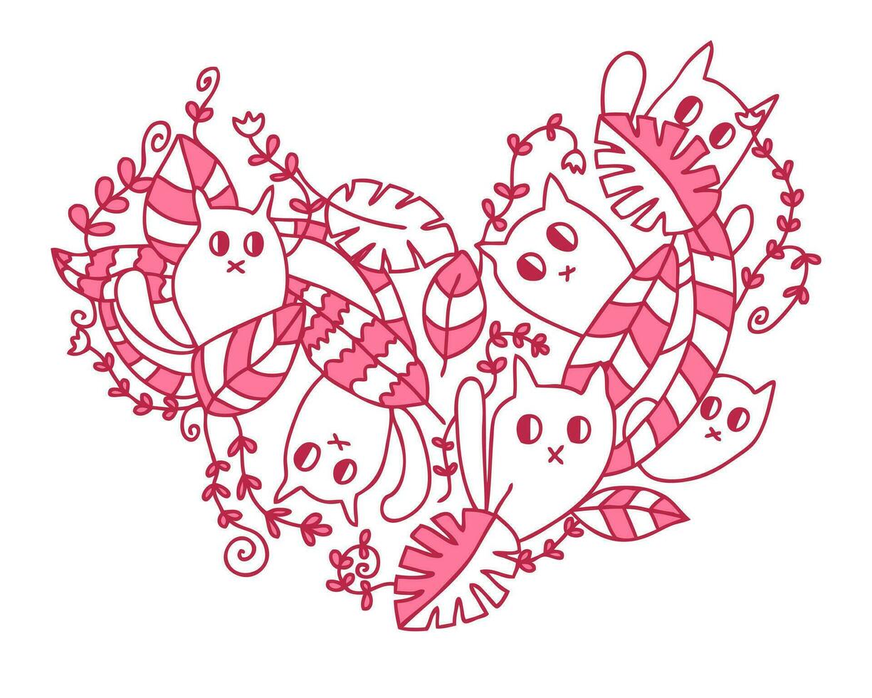 Heart shaped doodle pattern with cute cats in the jungle. Perfect print for tee, poster, card, sticker, banner. vector