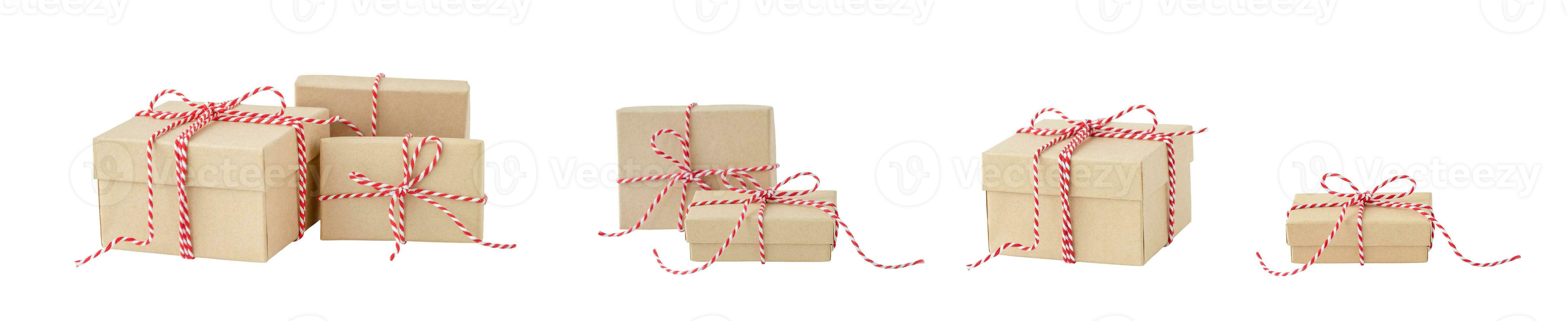 Set of isolated holiday boxes with red ribbon photo