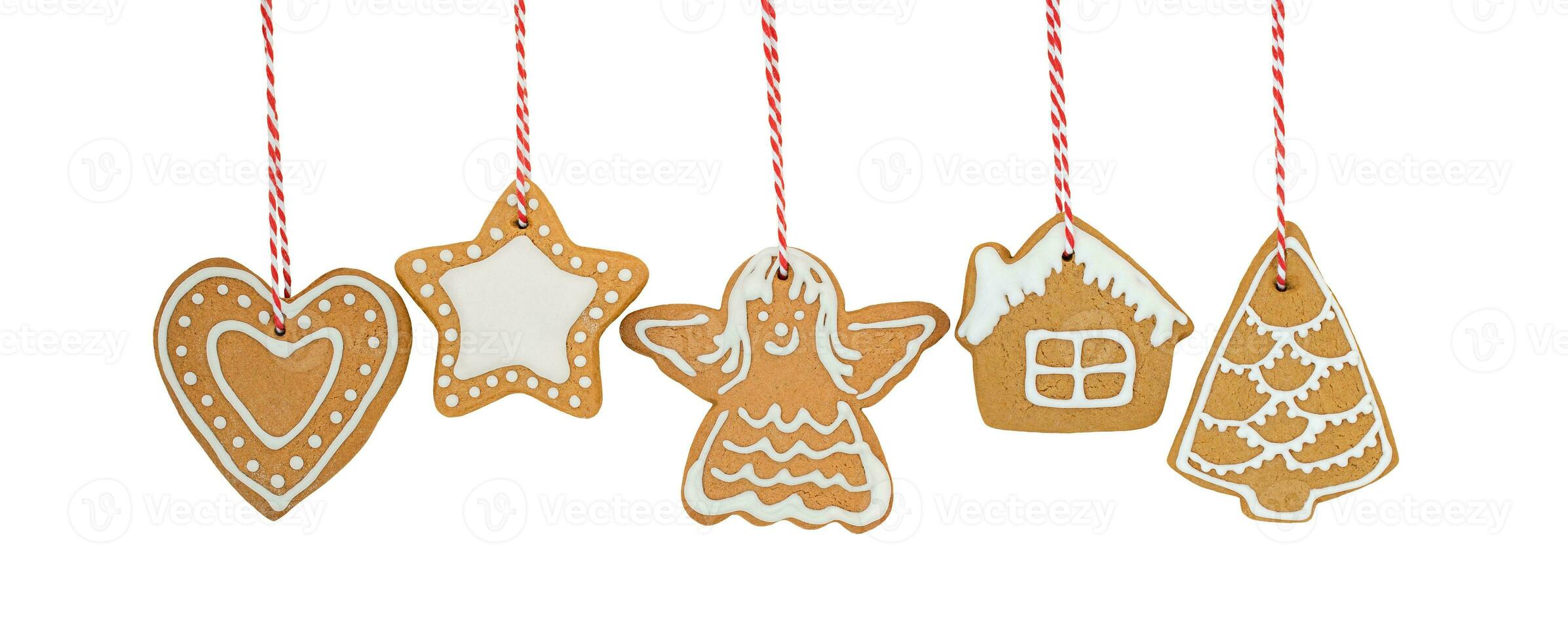 Collection of isolated hanging Christmas gingerbread cookies photo