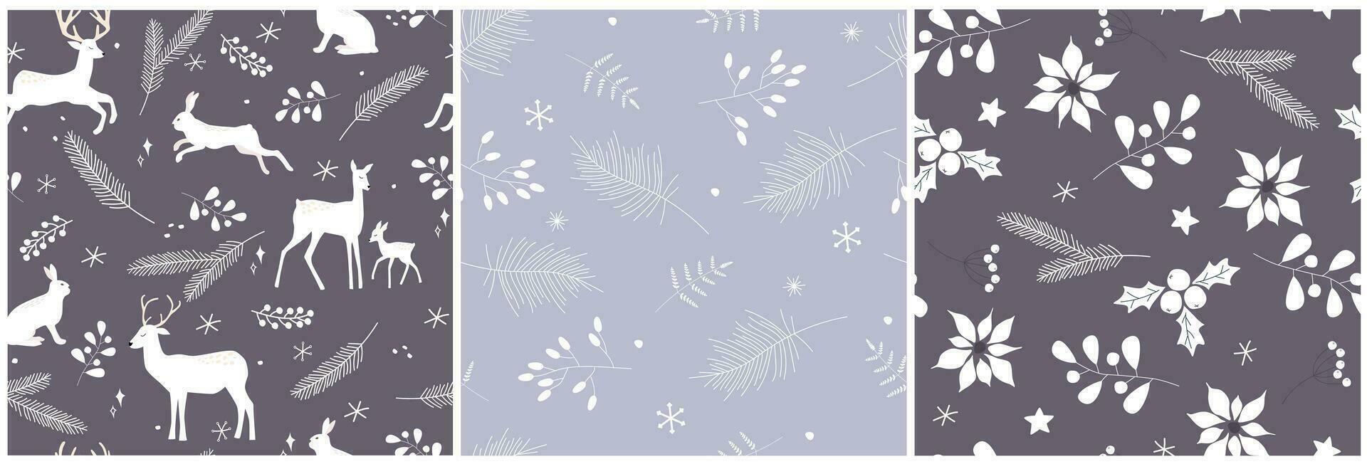 Set of seamless patterns with winter natural abstract ornament. Silhouettes of animals, snowflakes, fir trees, poinsettias. Monochrome vector graphics.