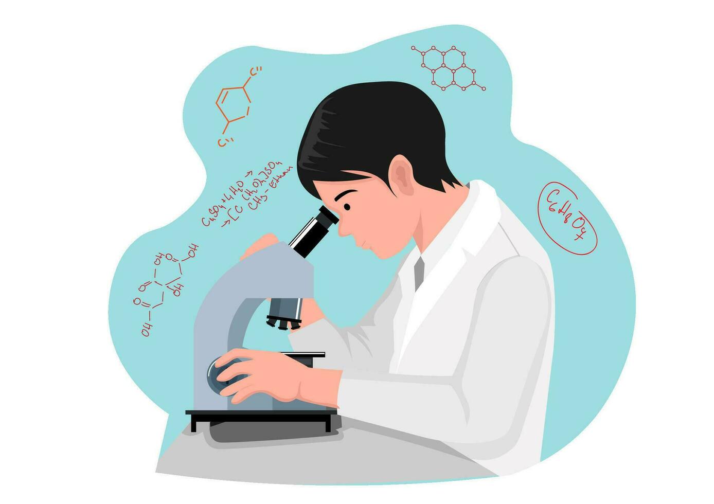 Scientist working in laboratory, man or doctor looking through microscope. Studying and conducting experiments in clinics lab. Vector in flat cartoon style