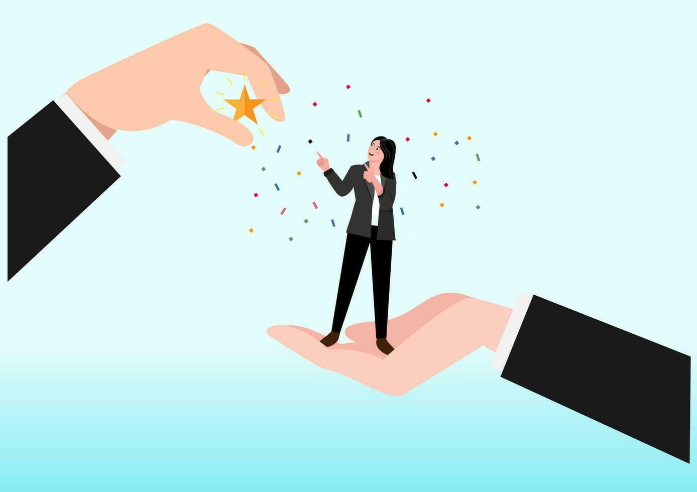 Employee success recognition, encourage and motivate best performance, cheering or honor on success or achievement concept, winning confidence businesswoman standing on big hand getting star reward. vector
