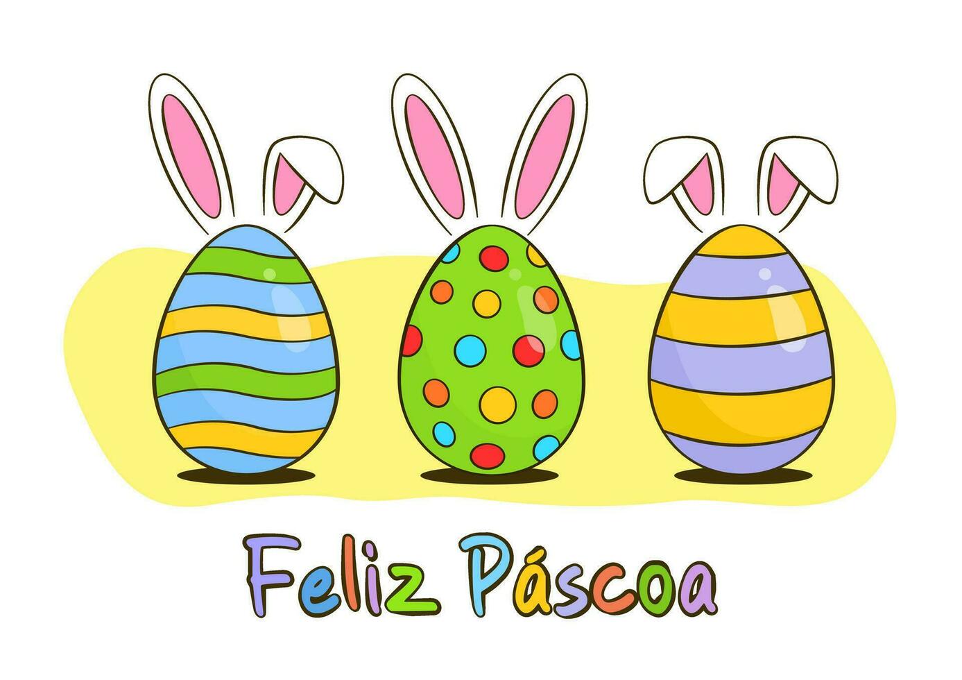 Easter greeting card concept. Colorful Easter eggs with bunny ears. Happy Easter colorful lettering in Portuguese vector