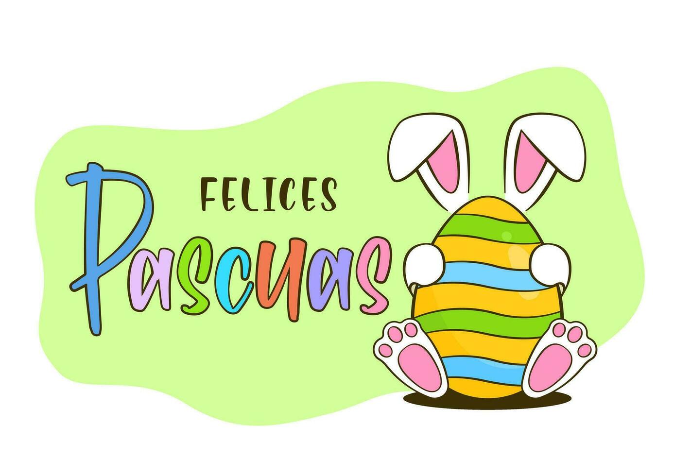 Easter greeting card concept. Colorful Easter eggs with bunny ears. Happy Easter colorful lettering in Spanish - Felices Pascuas vector