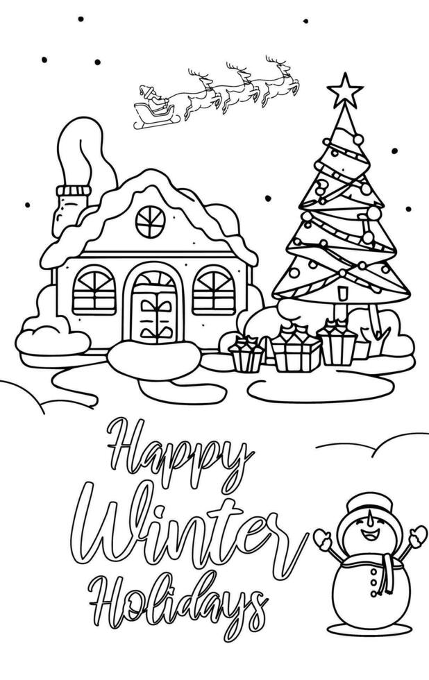Christmas Tree, Snowman, Snowy House, snowman, outline line art doodle cartoon illustration. Winter Christmas theme coloring book page activity for kids and adults. vector