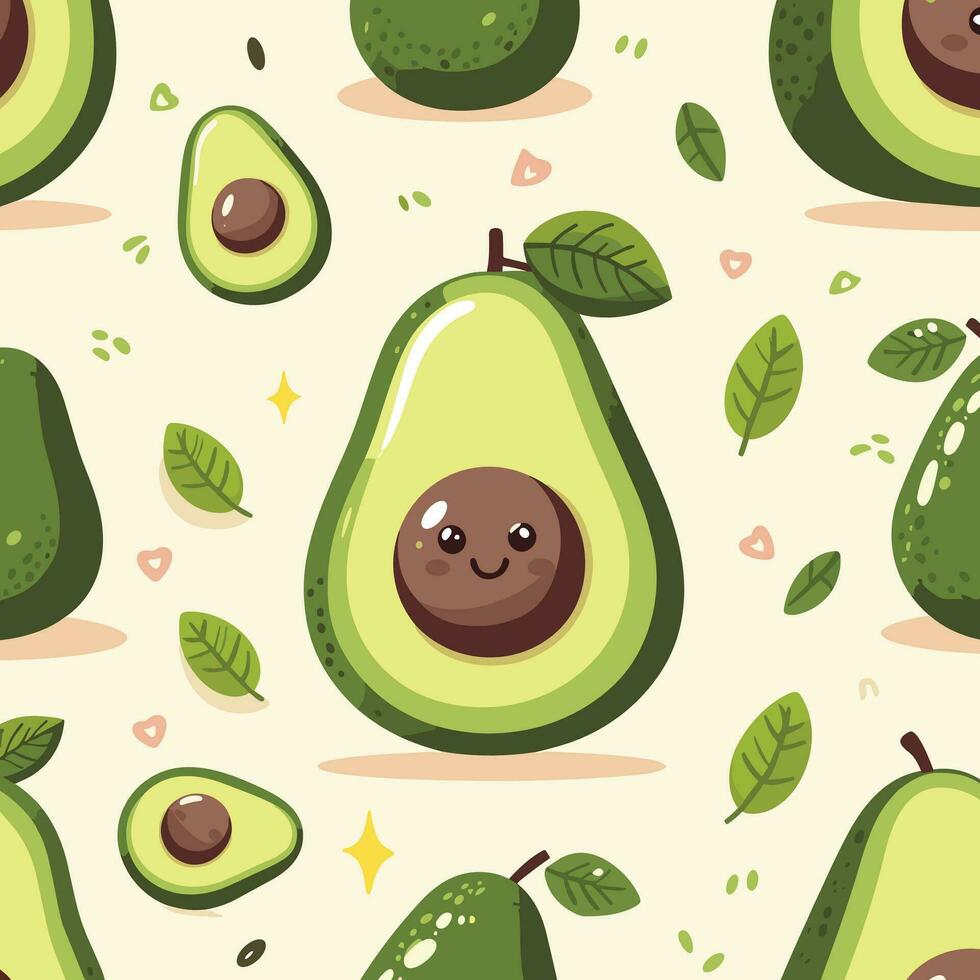 avocado seamless pattern with cute face and leaves vector