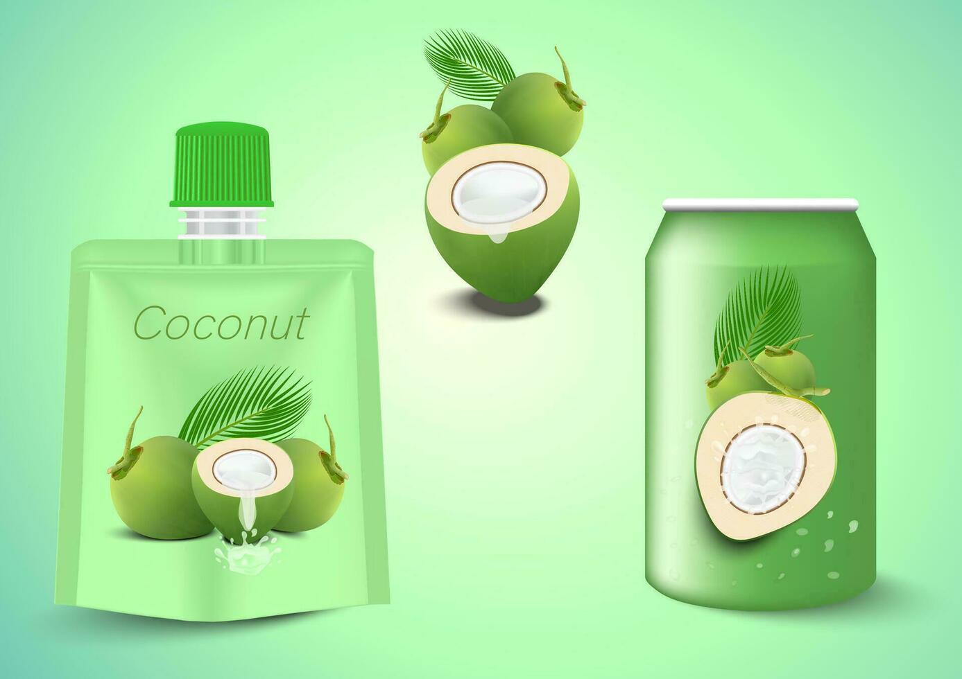 embalaje con verde Coco agua bebida en verde antecedentes. vector ilustración eps 10