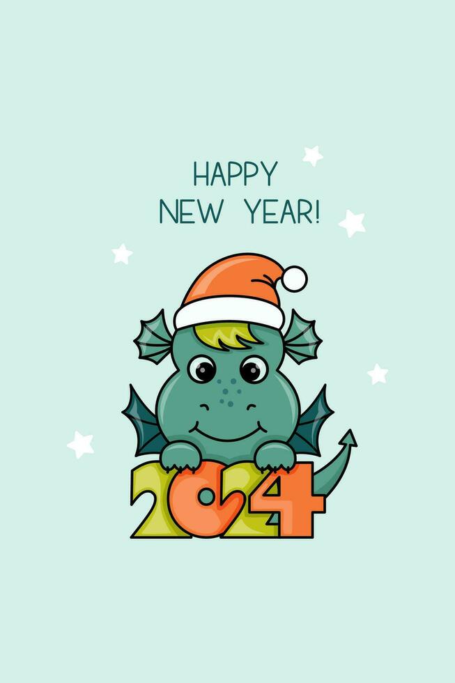 Cute cartoon dragon with 2024 lettering, New Year illustration vector