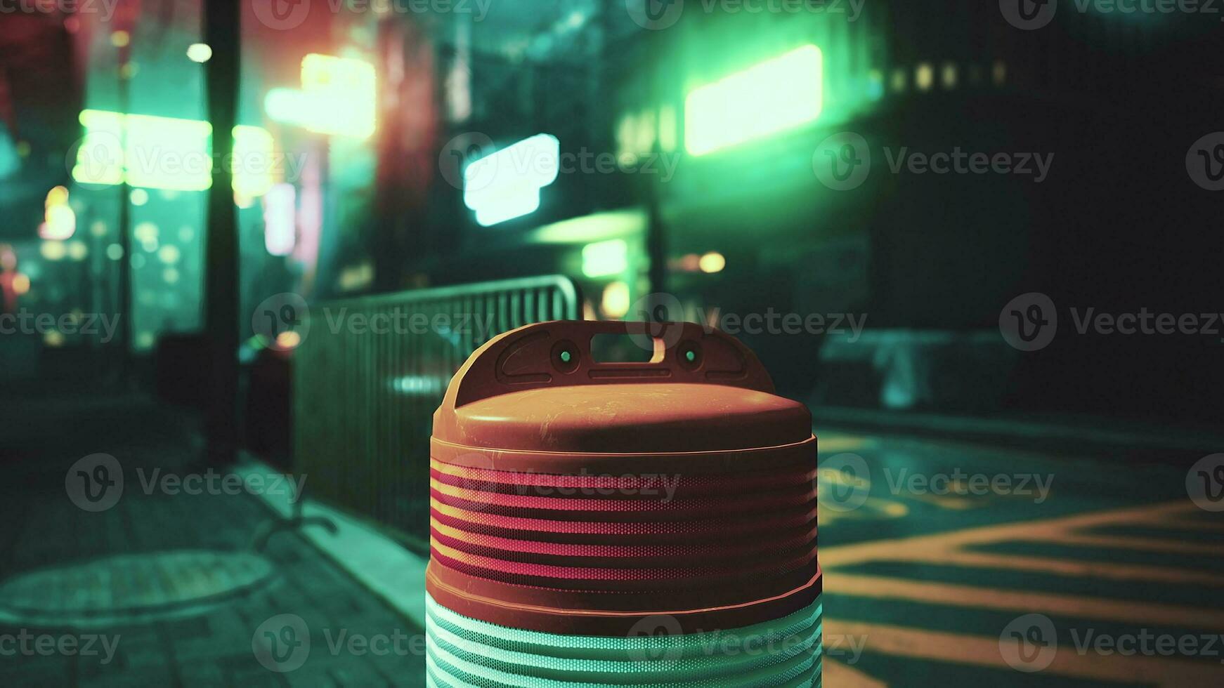 A red and white trash can sitting on the side of a road photo