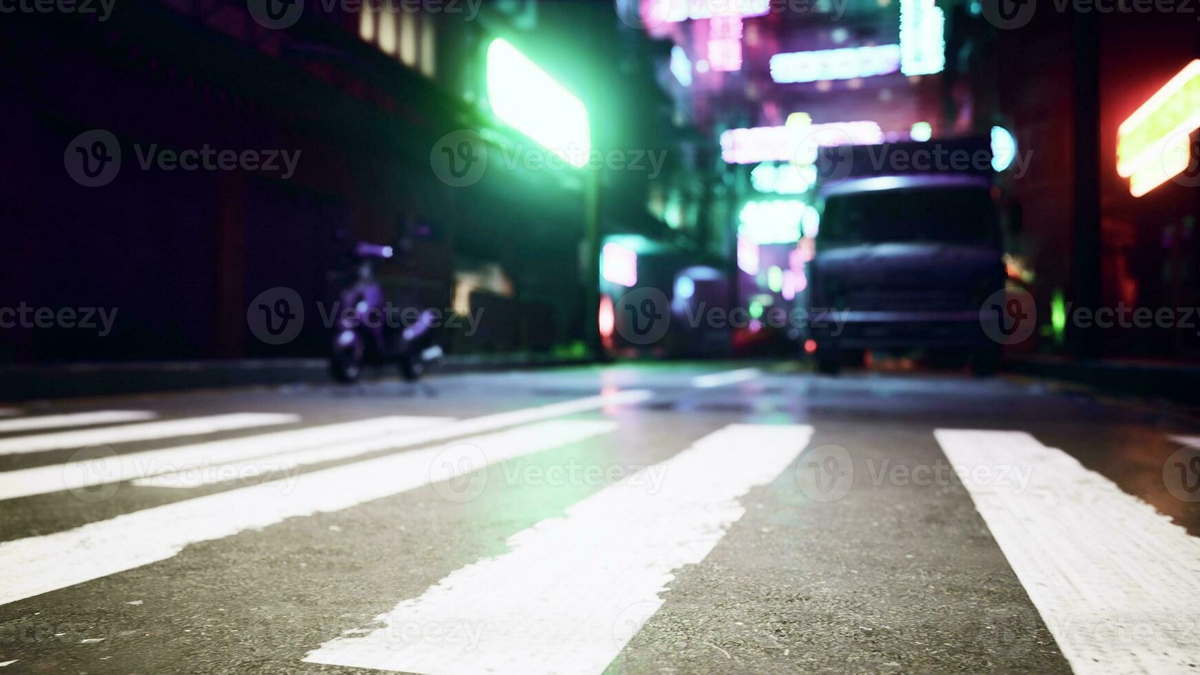 un vibrante ciudad calle iluminado por el luces de el noche foto