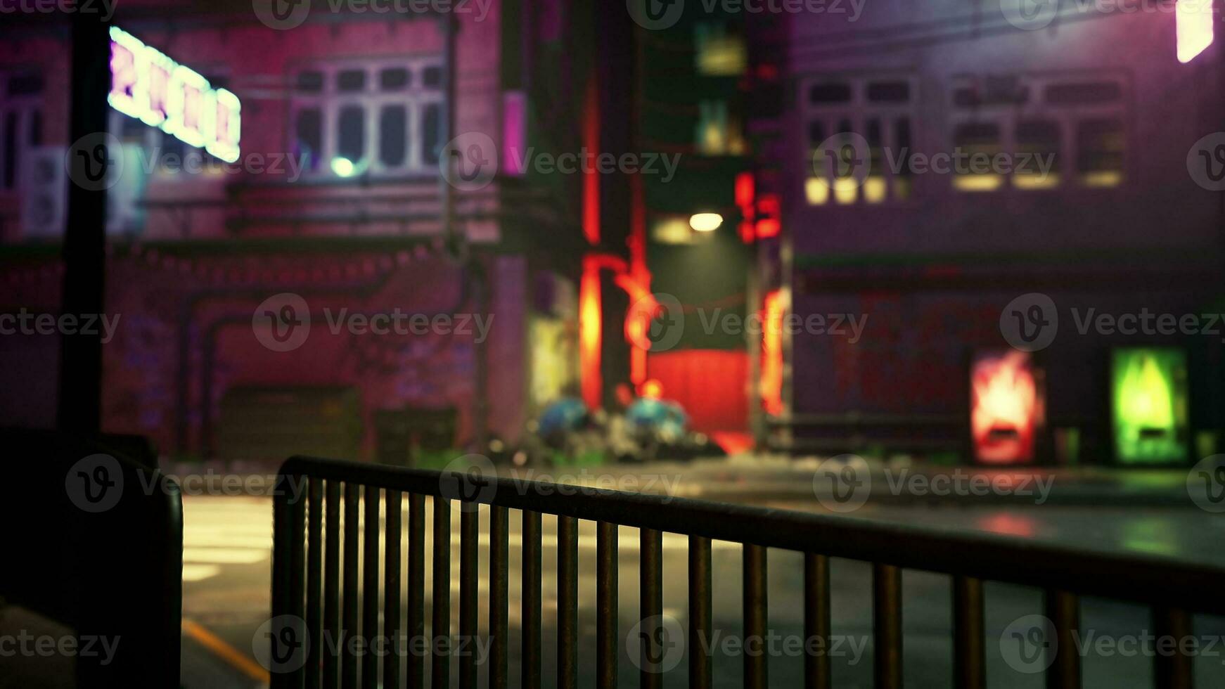 A city street at night with neon lights photo