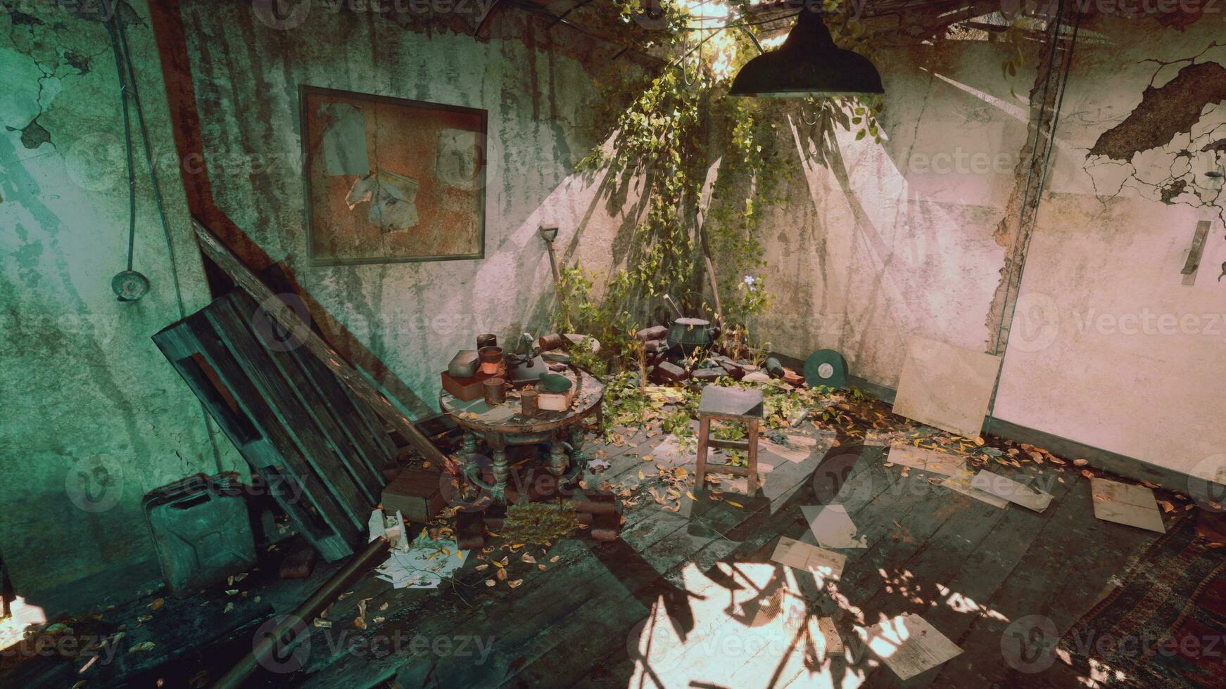 An abandoned room in a state of devastation and disarray photo