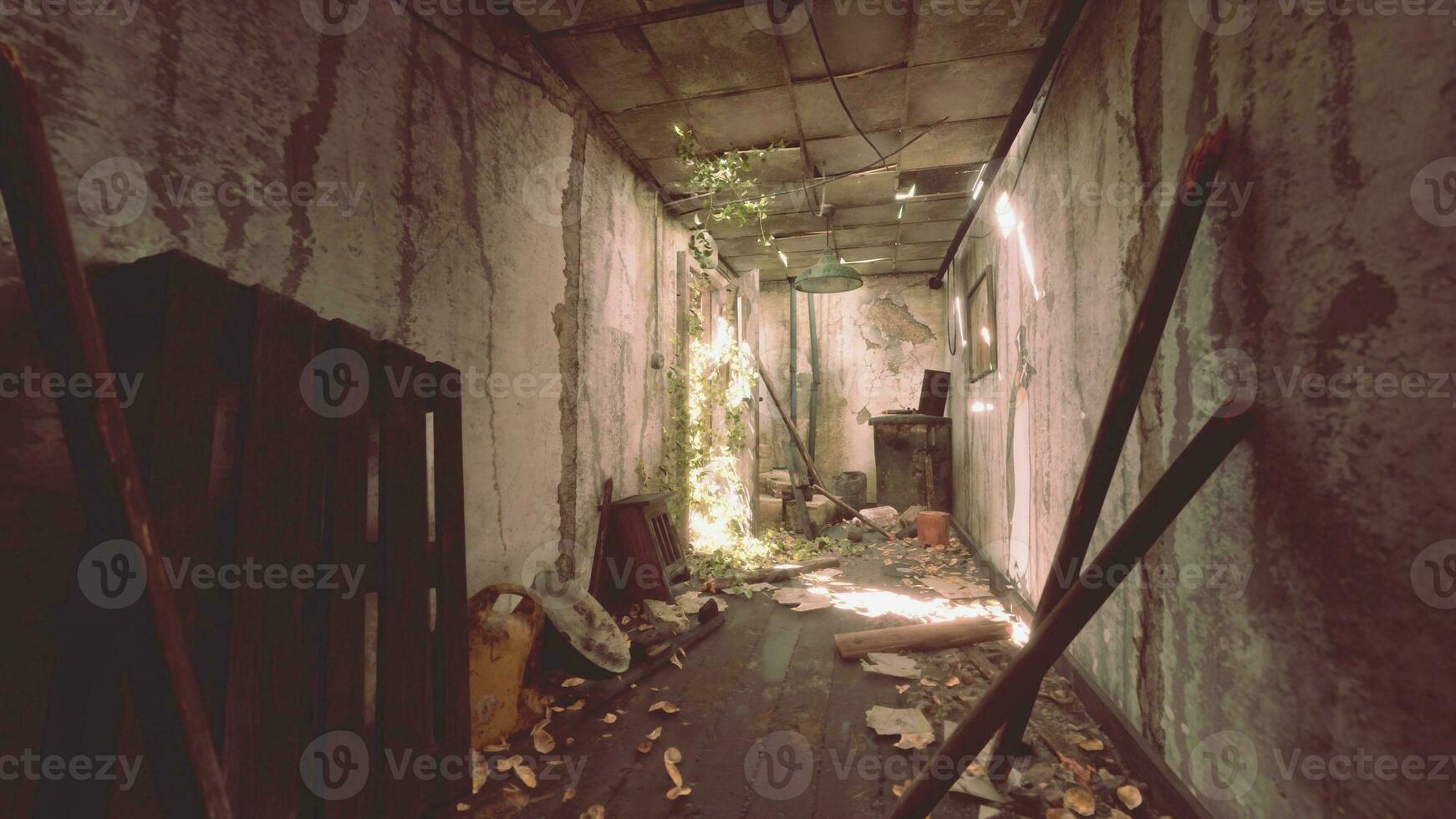 A desolate and abandoned hallway strewn with debris and destruction photo