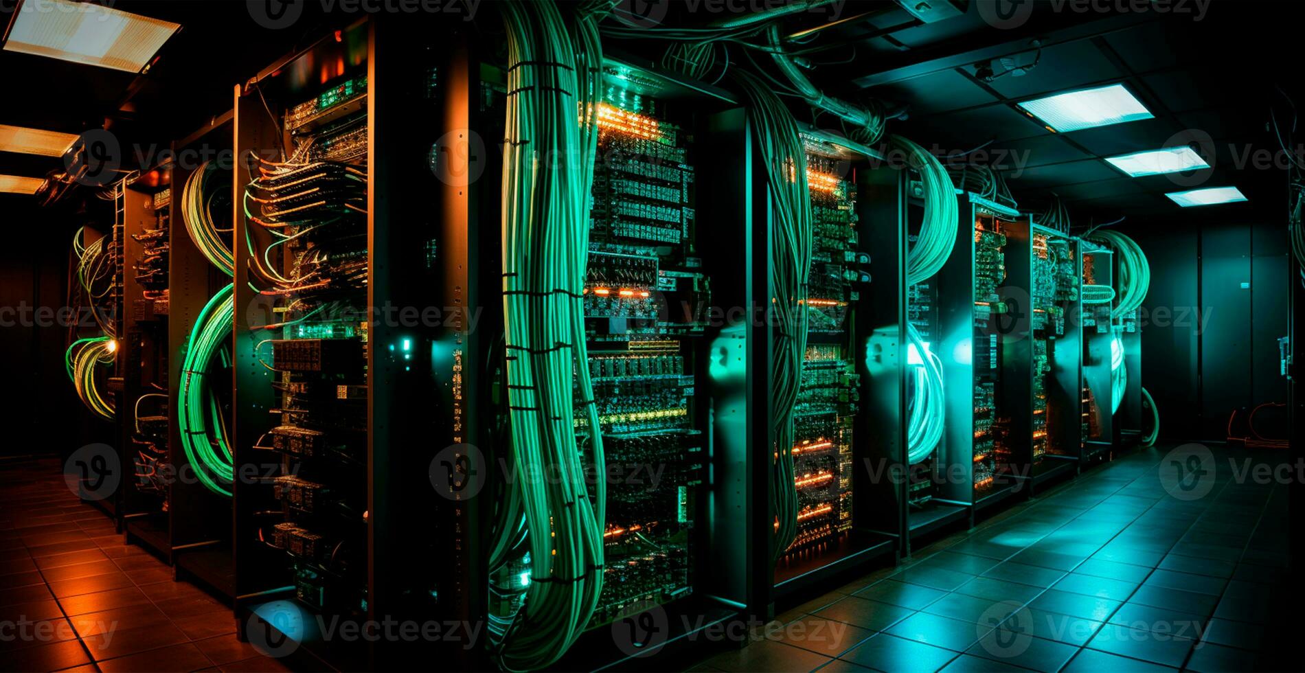 AI generated Network of connections in servers, data storage systems in data centers - AI generated image photo