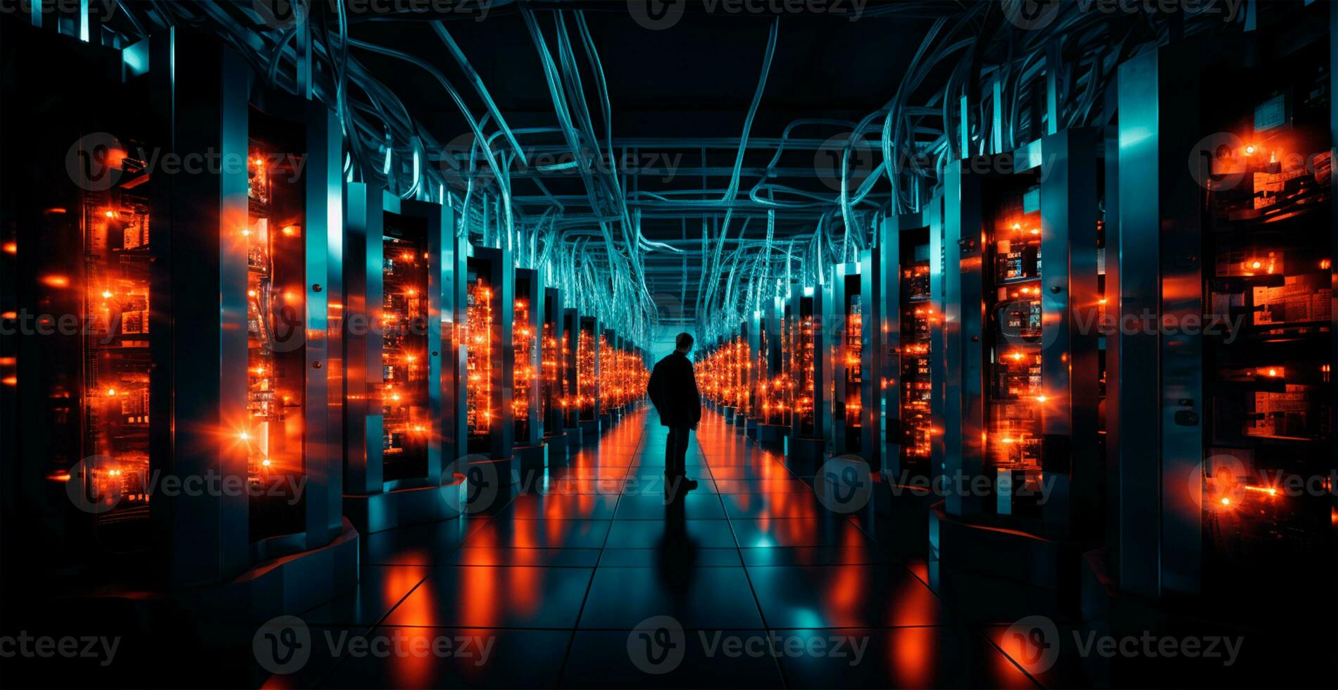 AI generated Network of connections in servers, data storage systems in data centers - AI generated image photo