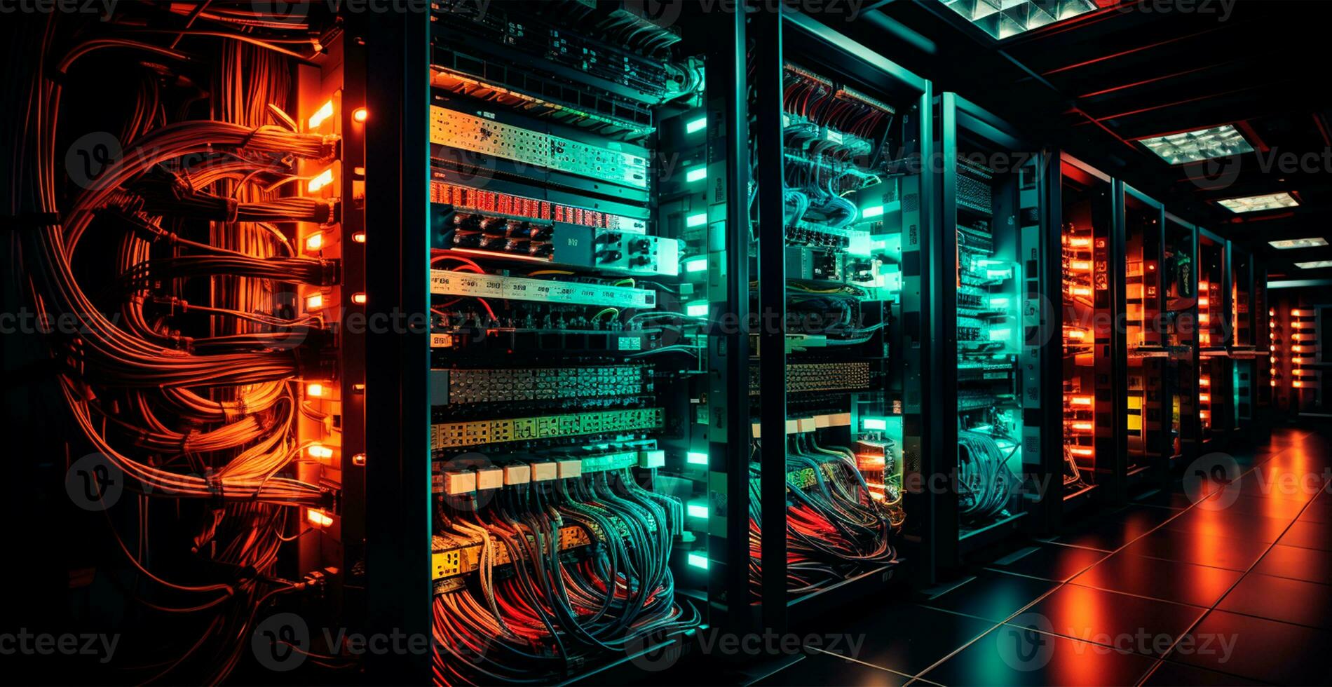 AI generated Network of connections in servers, data storage systems in data centers - AI generated image photo